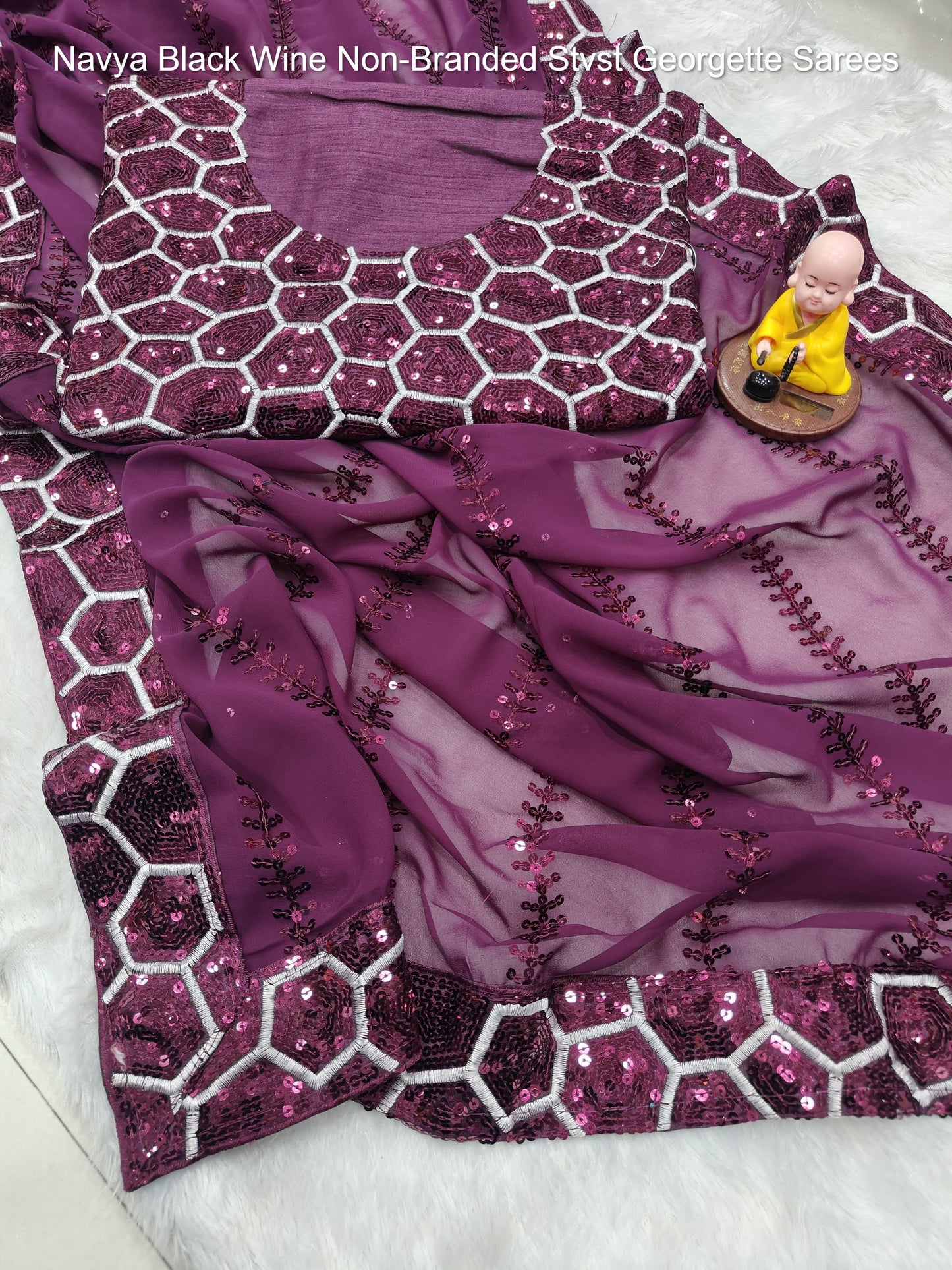 Navya Black Wine Non-Branded Stvst Georgette Sarees