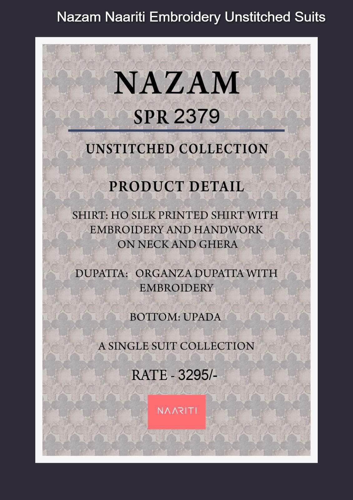 Nazam Naariti Embroidery Unstitched Suits
