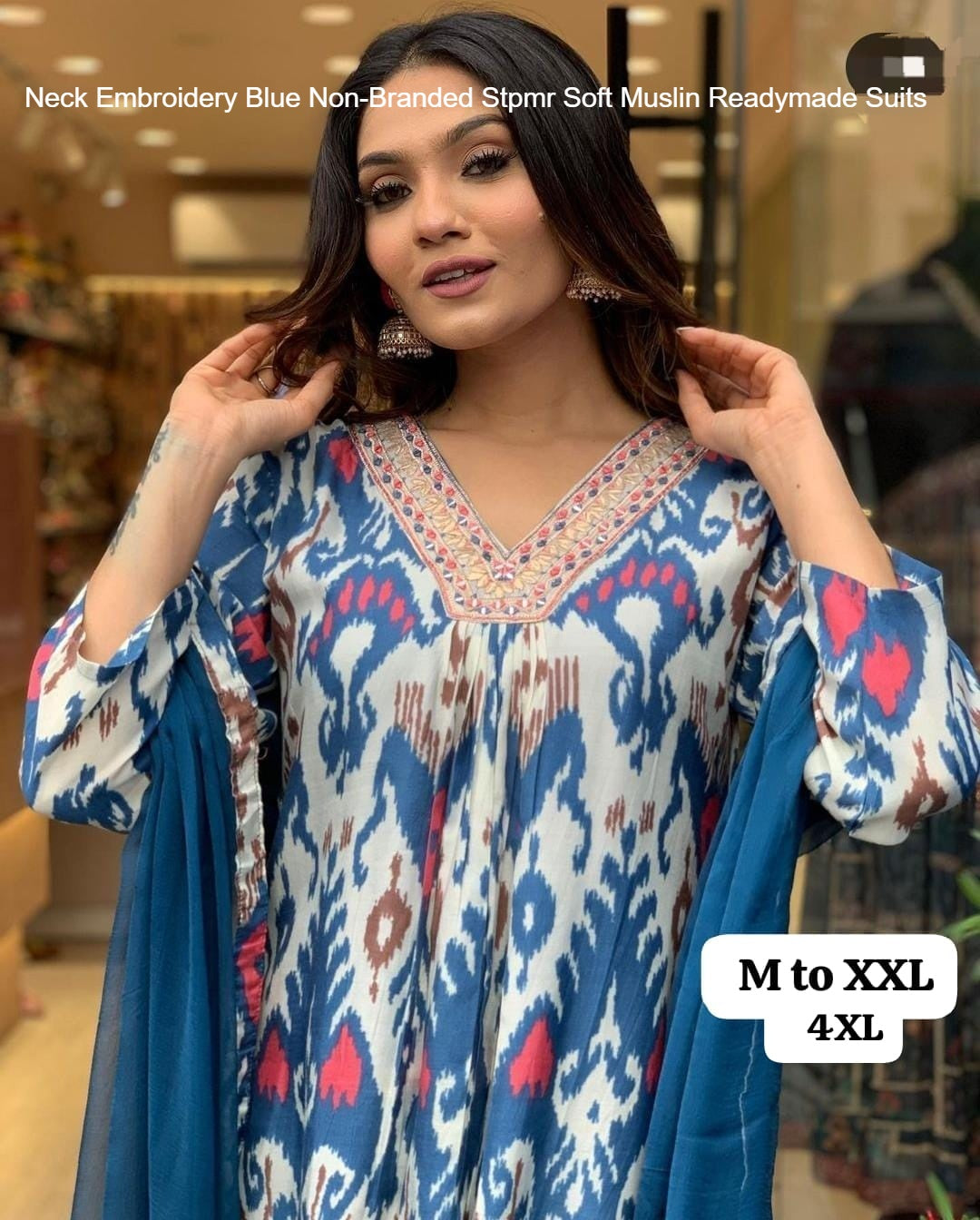 Neck Embroidery Blue Non-Branded Stpmr Soft Muslin Readymade Suits