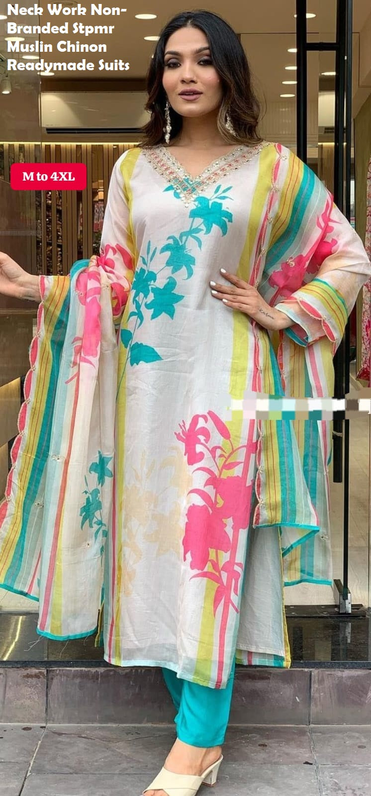 Neck Work Non-Branded Stpmr Muslin Chinon Readymade Suits