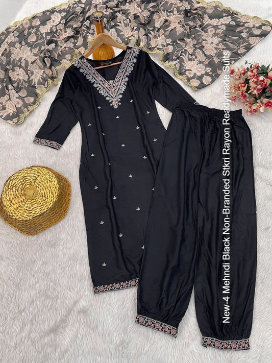New-4 Mehndi Black Non-Branded Stkri Rayon Readymade Suits