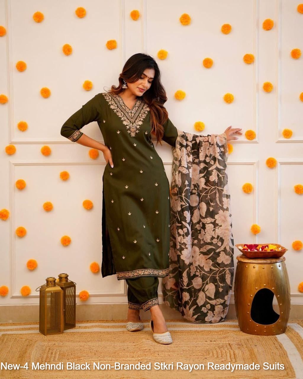 New-4 Mehndi Black Non-Branded Stkri Rayon Readymade Suits
