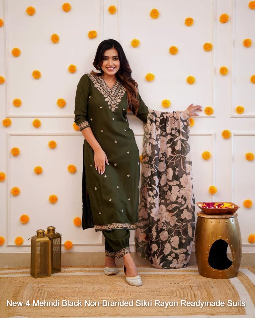 New-4 Mehndi Black Non-Branded Stkri Rayon Readymade Suits