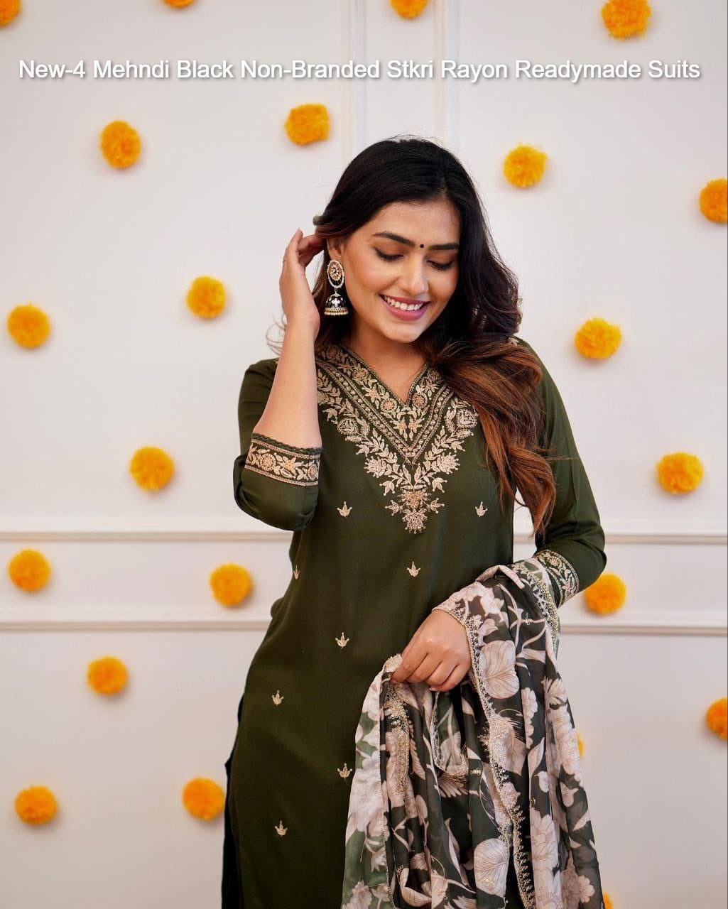 New-4 Mehndi Black Non-Branded Stkri Rayon Readymade Suits