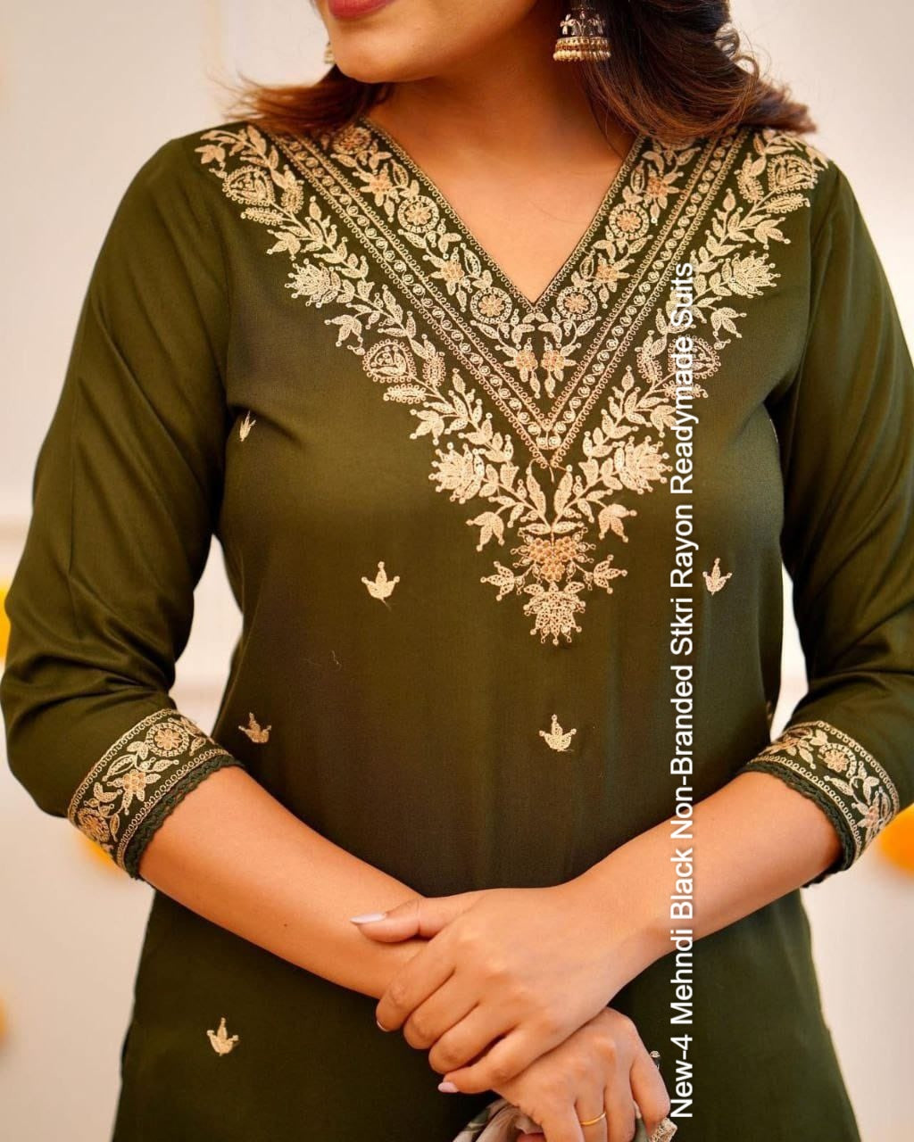 New-4 Mehndi Black Non-Branded Stkri Rayon Readymade Suits