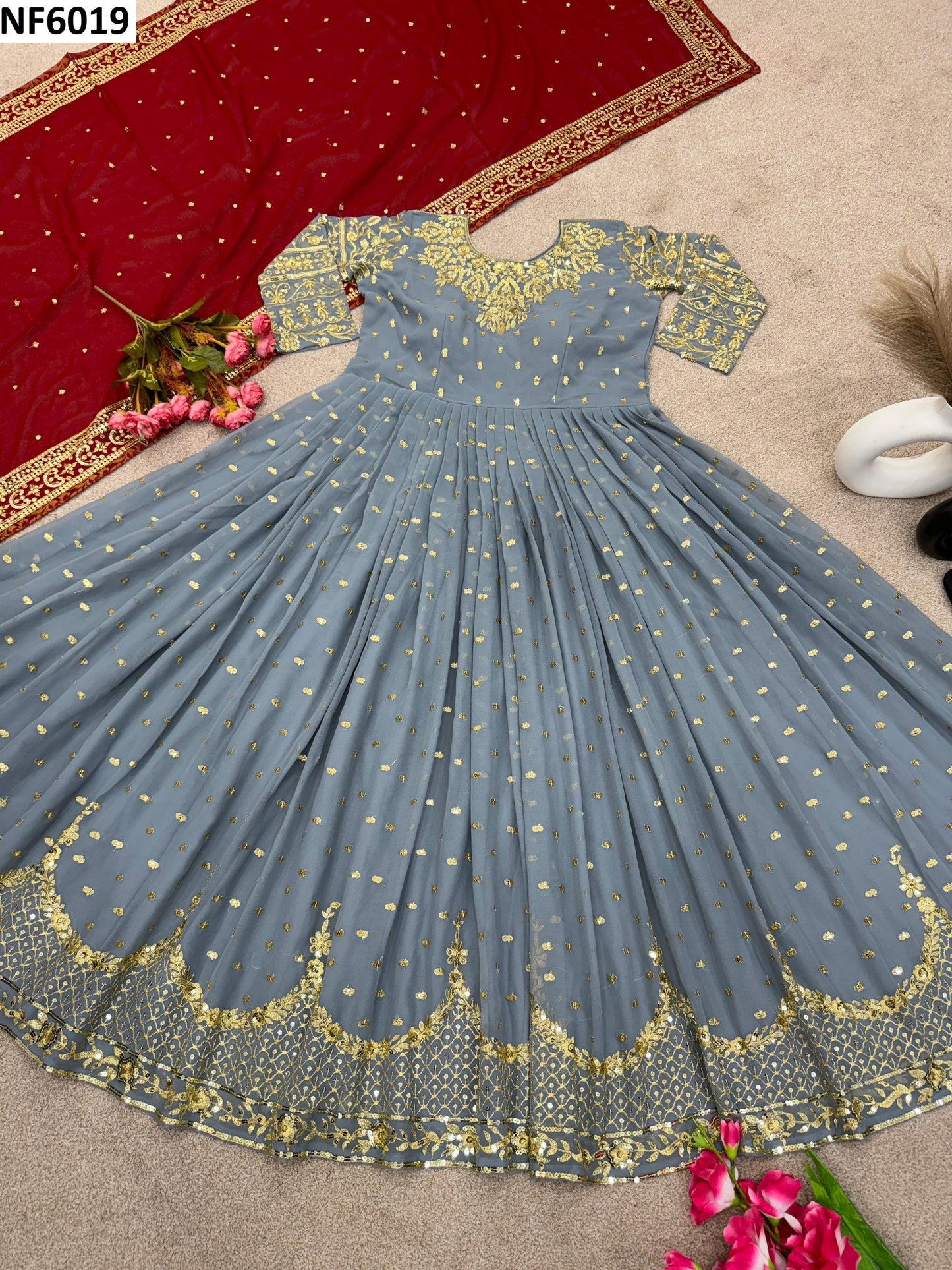 Nf6019 Vmk. Embroidery Gown Dupatta Set