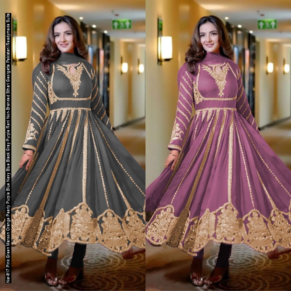 Nsr-817 Pink Green Maroon Orange Pearly Purple Blue Navy Blue Black Gray Purple Rani Non-Branded Sthari Georgette Pakistani Readymade Suits