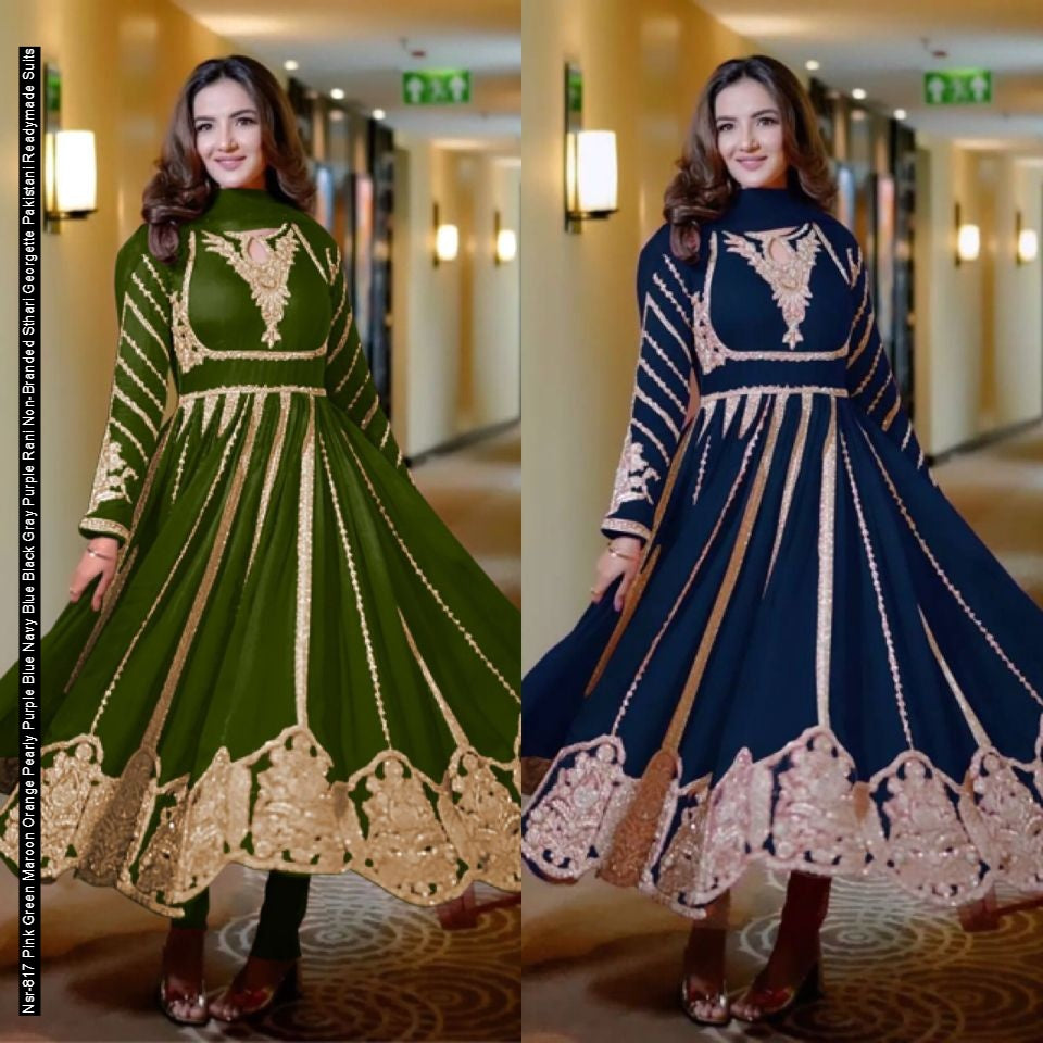 Nsr-817 Pink Green Maroon Orange Pearly Purple Blue Navy Blue Black Gray Purple Rani Non-Branded Sthari Georgette Pakistani Readymade Suits