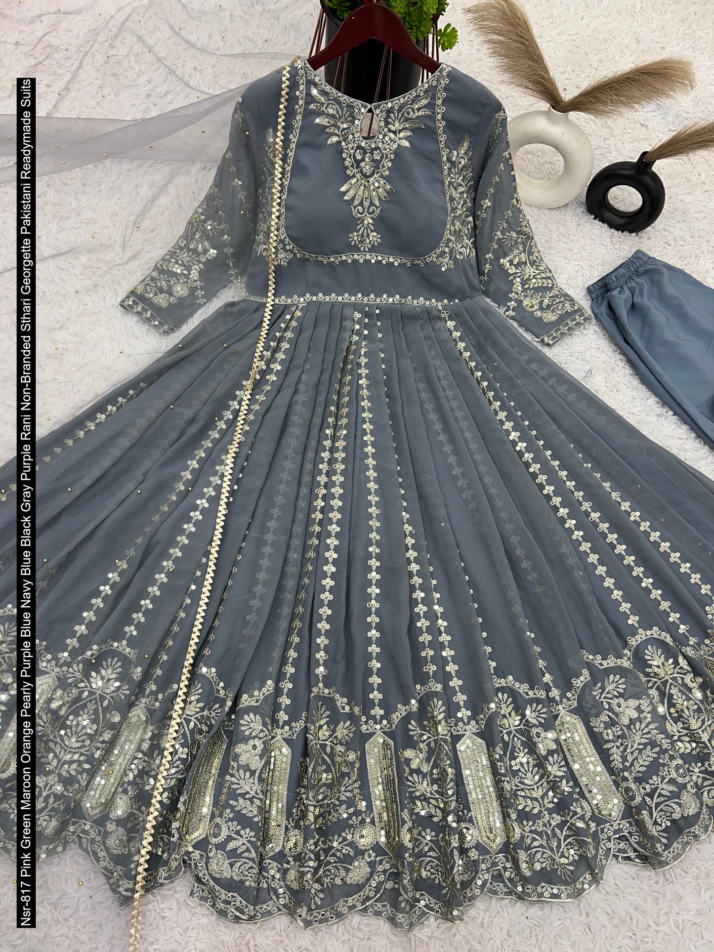 Nsr-817 Pink Green Maroon Orange Pearly Purple Blue Navy Blue Black Gray Purple Rani Non-Branded Sthari Georgette Pakistani Readymade Suits