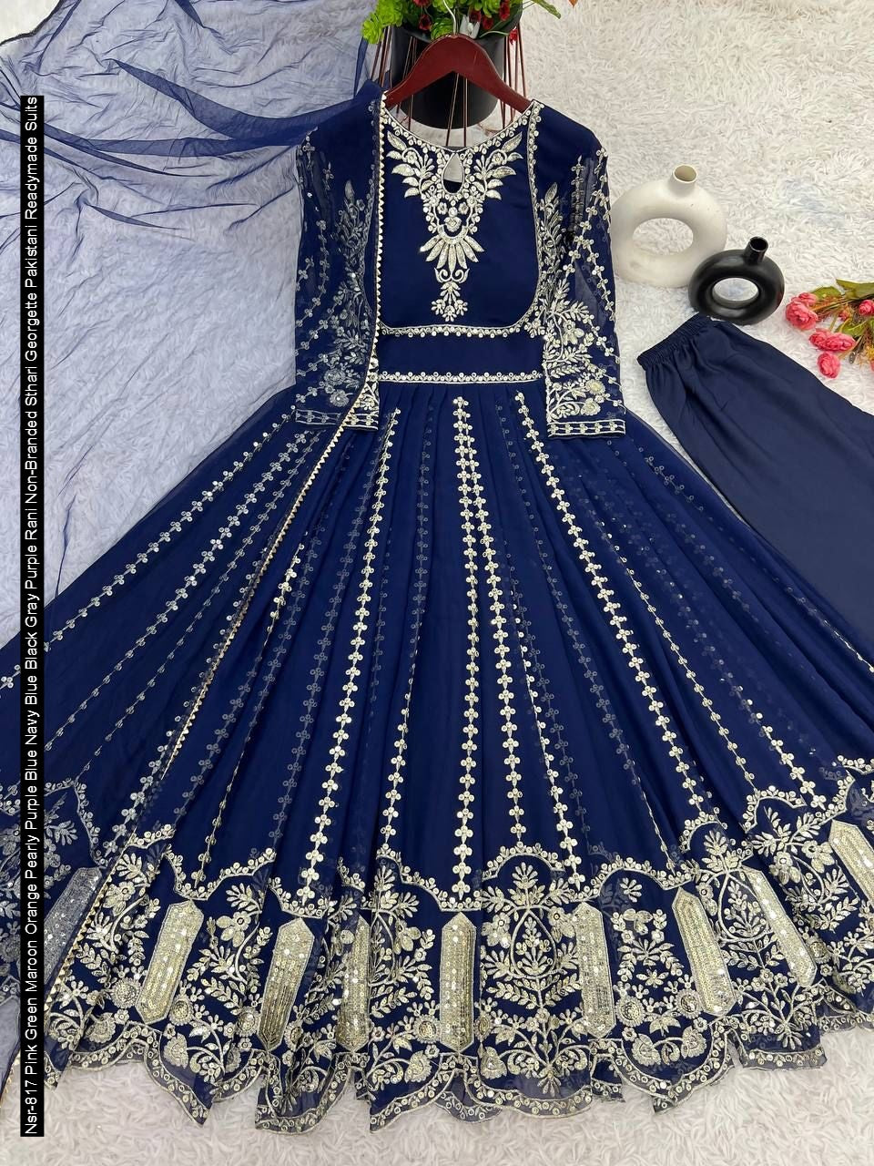 Nsr-817 Pink Green Maroon Orange Pearly Purple Blue Navy Blue Black Gray Purple Rani Non-Branded Sthari Georgette Pakistani Readymade Suits