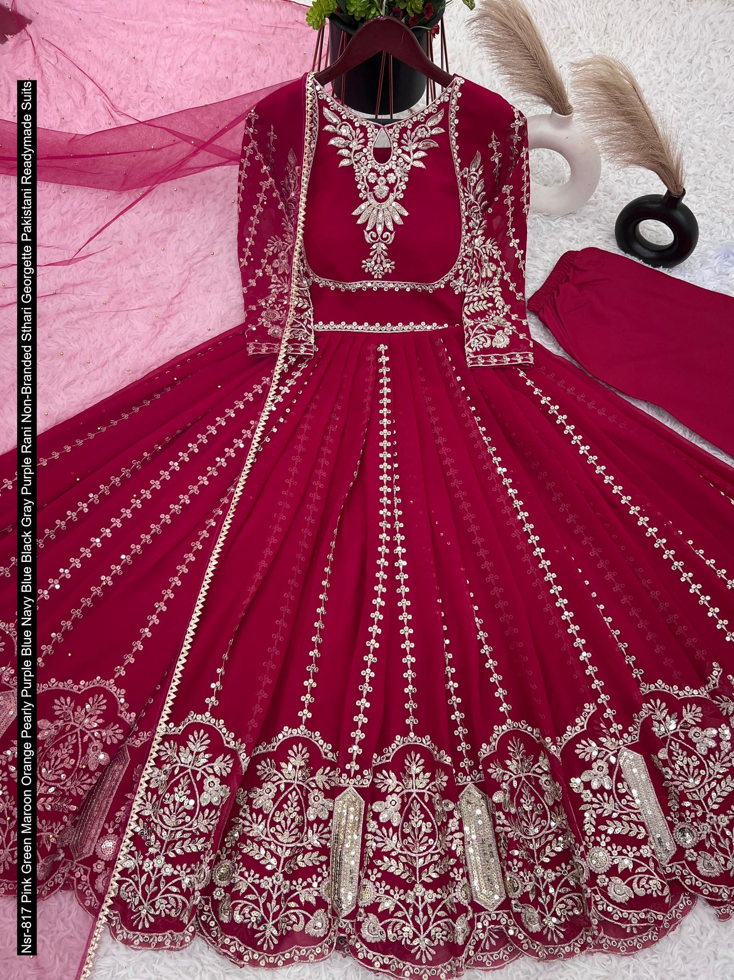 Nsr-817 Pink Green Maroon Orange Pearly Purple Blue Navy Blue Black Gray Purple Rani Non-Branded Sthari Georgette Pakistani Readymade Suits