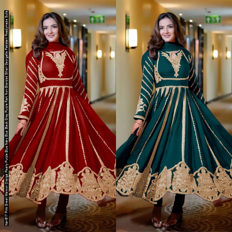 Nsr-817 Pink Green Maroon Orange Pearly Purple Blue Navy Blue Black Gray Purple Rani Non-Branded Sthari Georgette Pakistani Readymade Suits