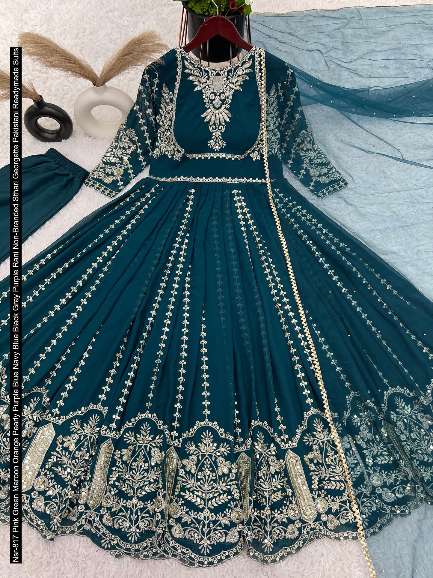 Nsr-817 Pink Green Maroon Orange Pearly Purple Blue Navy Blue Black Gray Purple Rani Non-Branded Sthari Georgette Pakistani Readymade Suits