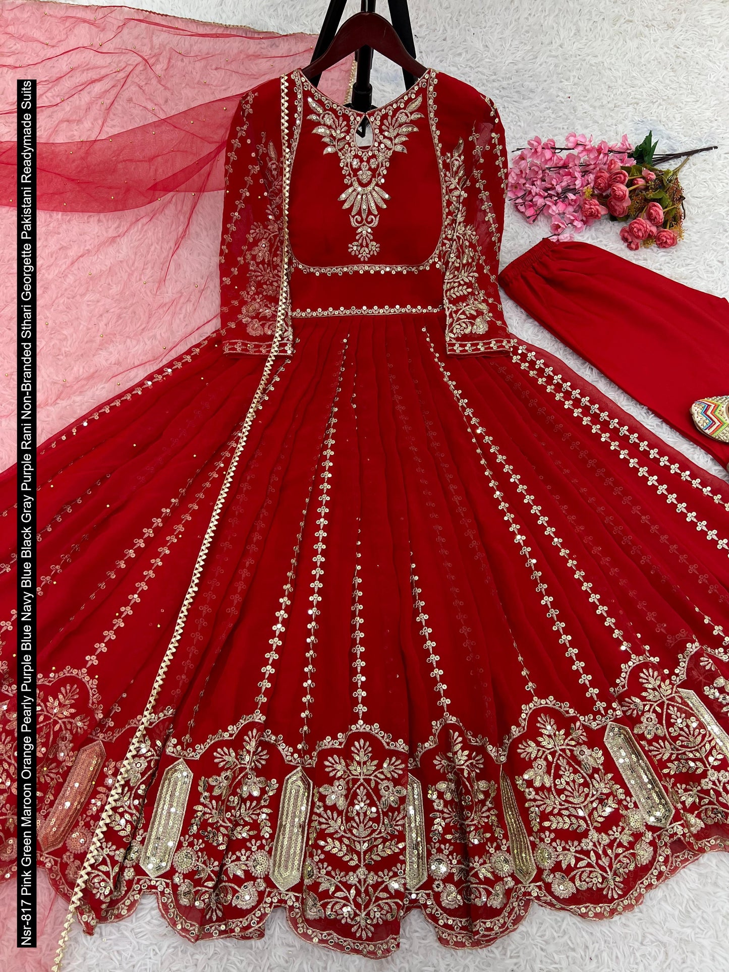 Nsr-817 Pink Green Maroon Orange Pearly Purple Blue Navy Blue Black Gray Purple Rani Non-Branded Sthari Georgette Pakistani Readymade Suits