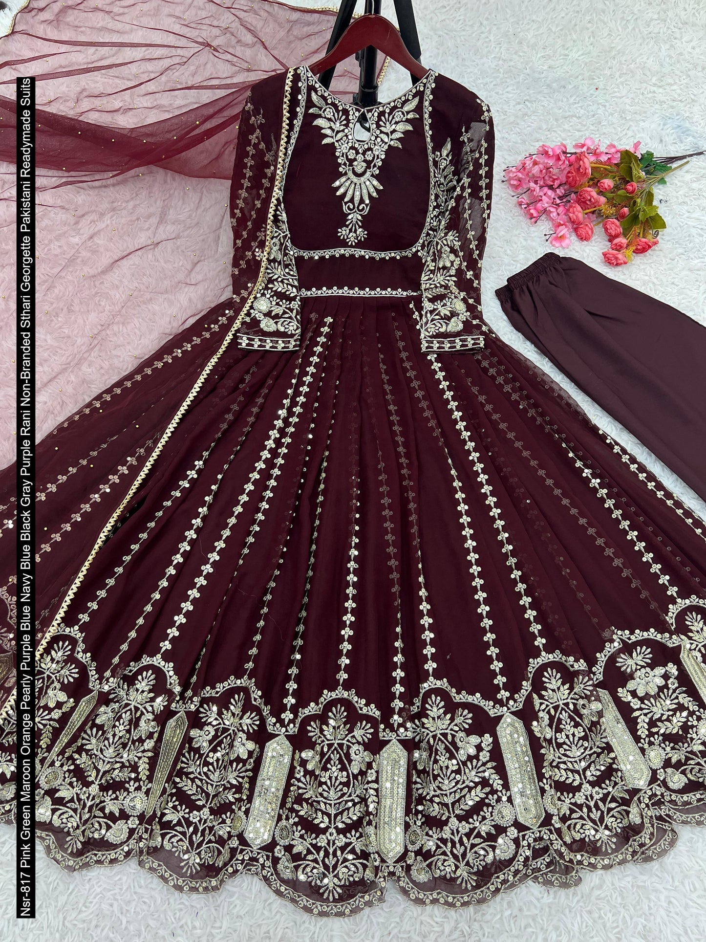 Nsr-817 Pink Green Maroon Orange Pearly Purple Blue Navy Blue Black Gray Purple Rani Non-Branded Sthari Georgette Pakistani Readymade Suits