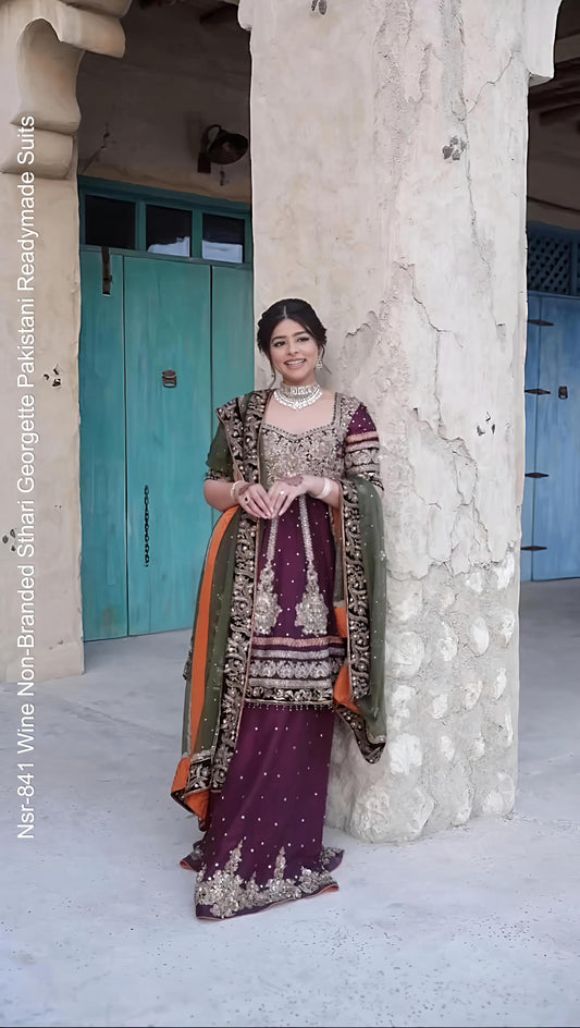 Nsr-841 Wine Non-Branded Sthari Georgette Pakistani Readymade Suits