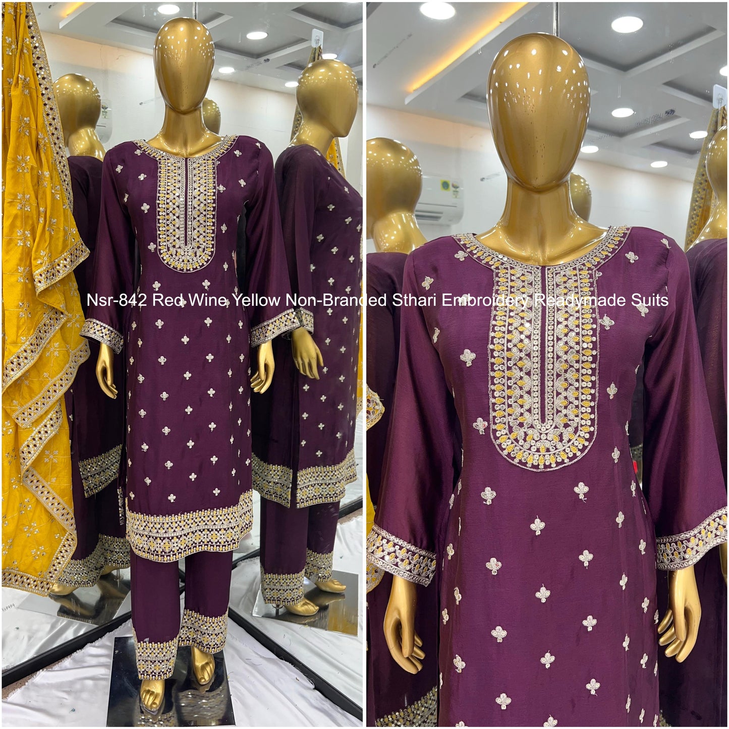 Nsr-842 Red Wine Yellow Non-Branded Sthari Embroidery Readymade Suits