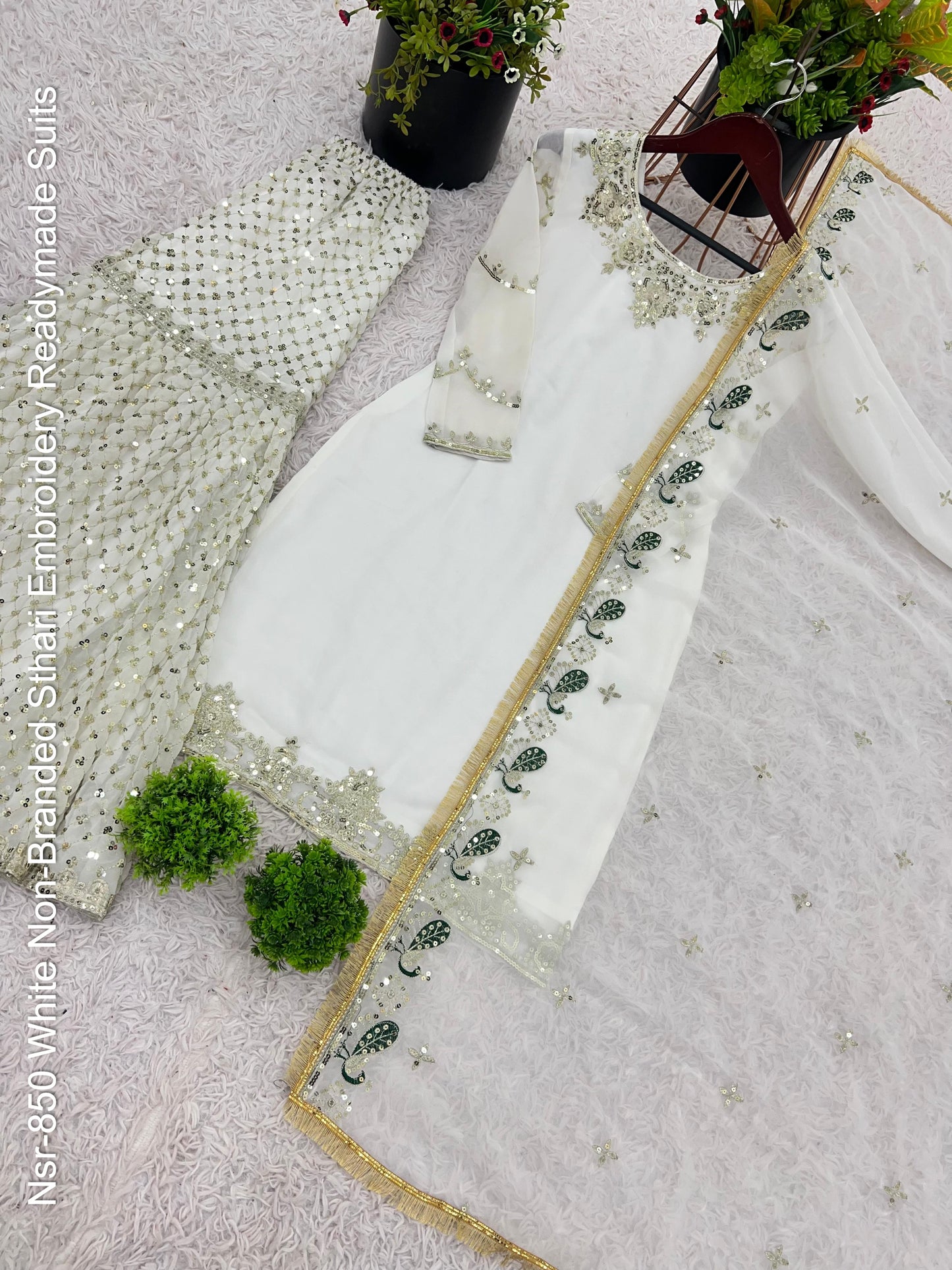 Nsr-850 White Non-Branded Sthari Embroidery Readymade Suits
