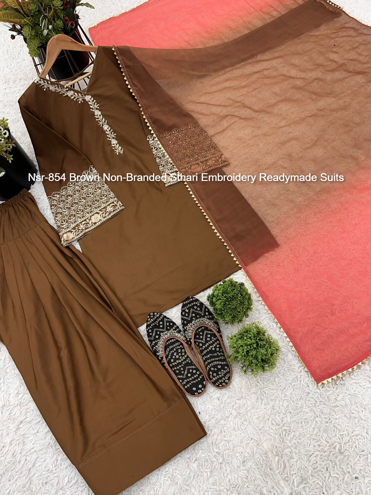 Nsr-854 Brown Non-Branded Sthari Embroidery Readymade Suits