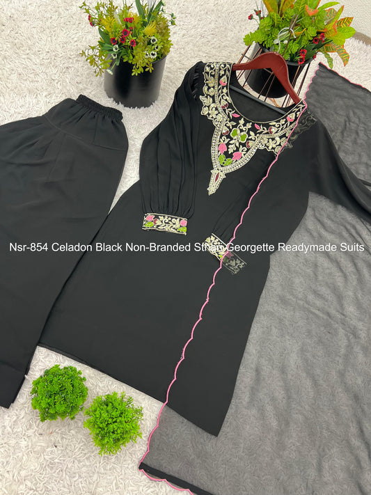 Nsr-854 Celadon Black Non-Branded Sthari Georgette Readymade Suits
