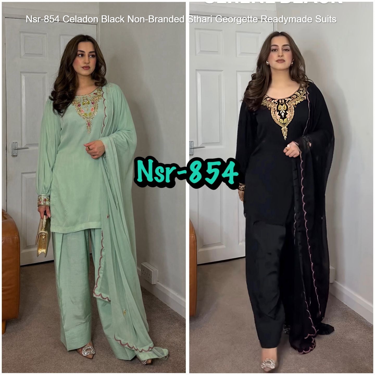 Nsr-854 Celadon Black Non-Branded Sthari Georgette Readymade Suits