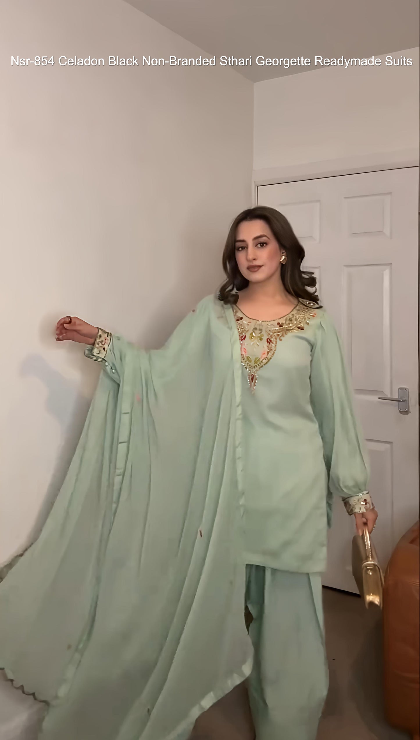 Nsr-854 Celadon Black Non-Branded Sthari Georgette Readymade Suits