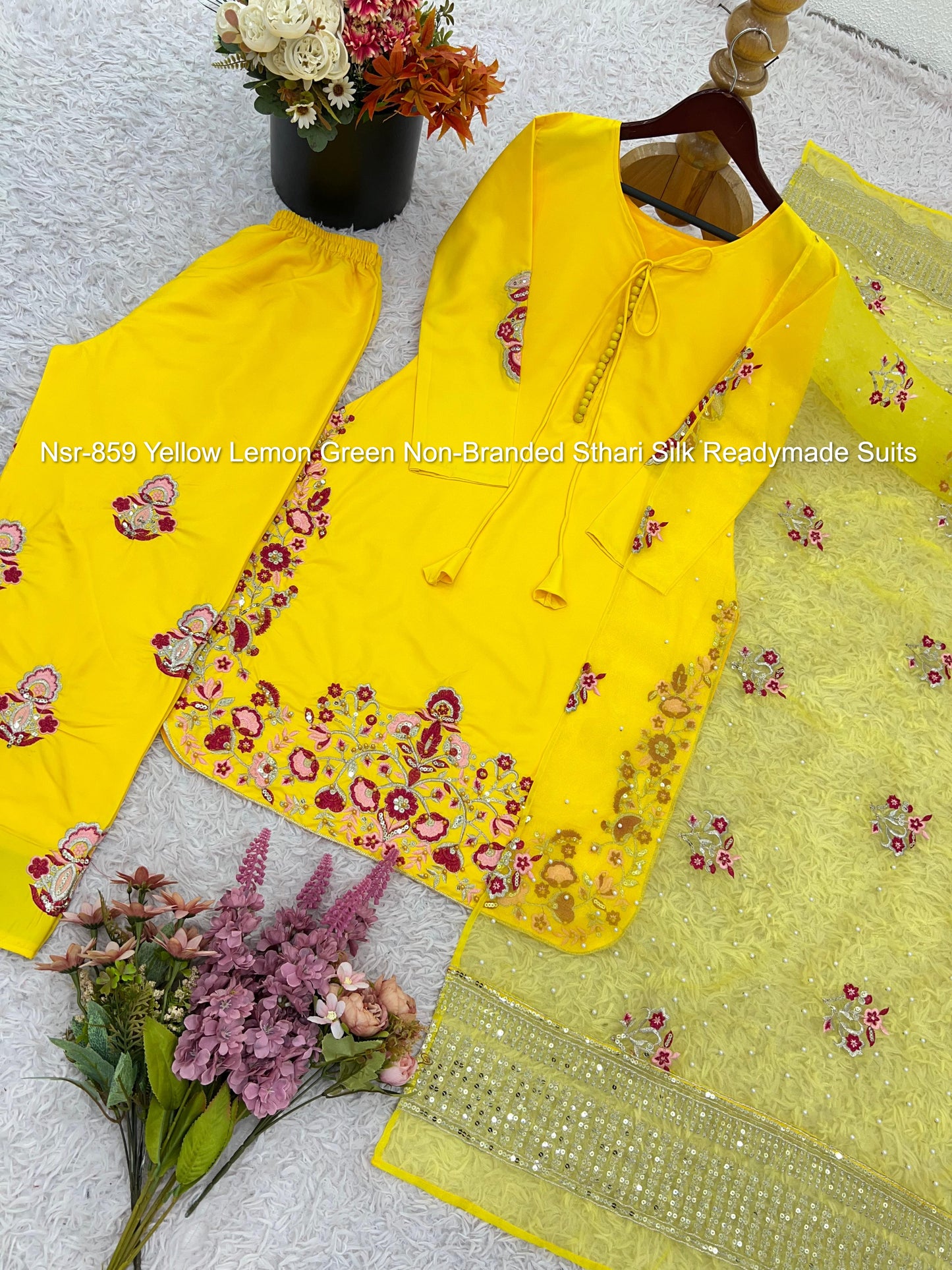 Nsr-859 Yellow Lemon Green Non-Branded Sthari Silk Readymade Suits