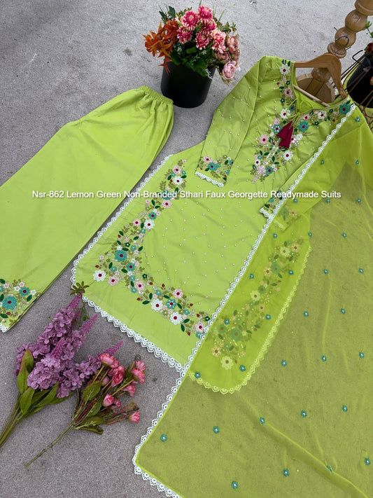 Nsr-862 Lemon Green Non-Branded Sthari Faux Georgette Readymade Suits
