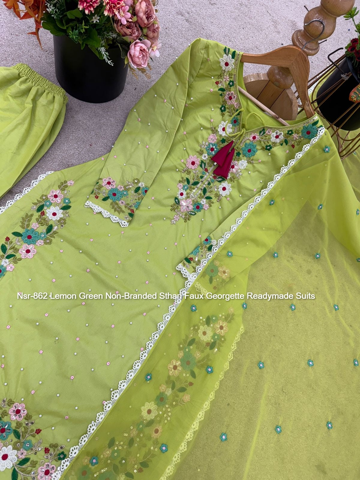 Nsr-862 Lemon Green Non-Branded Sthari Faux Georgette Readymade Suits