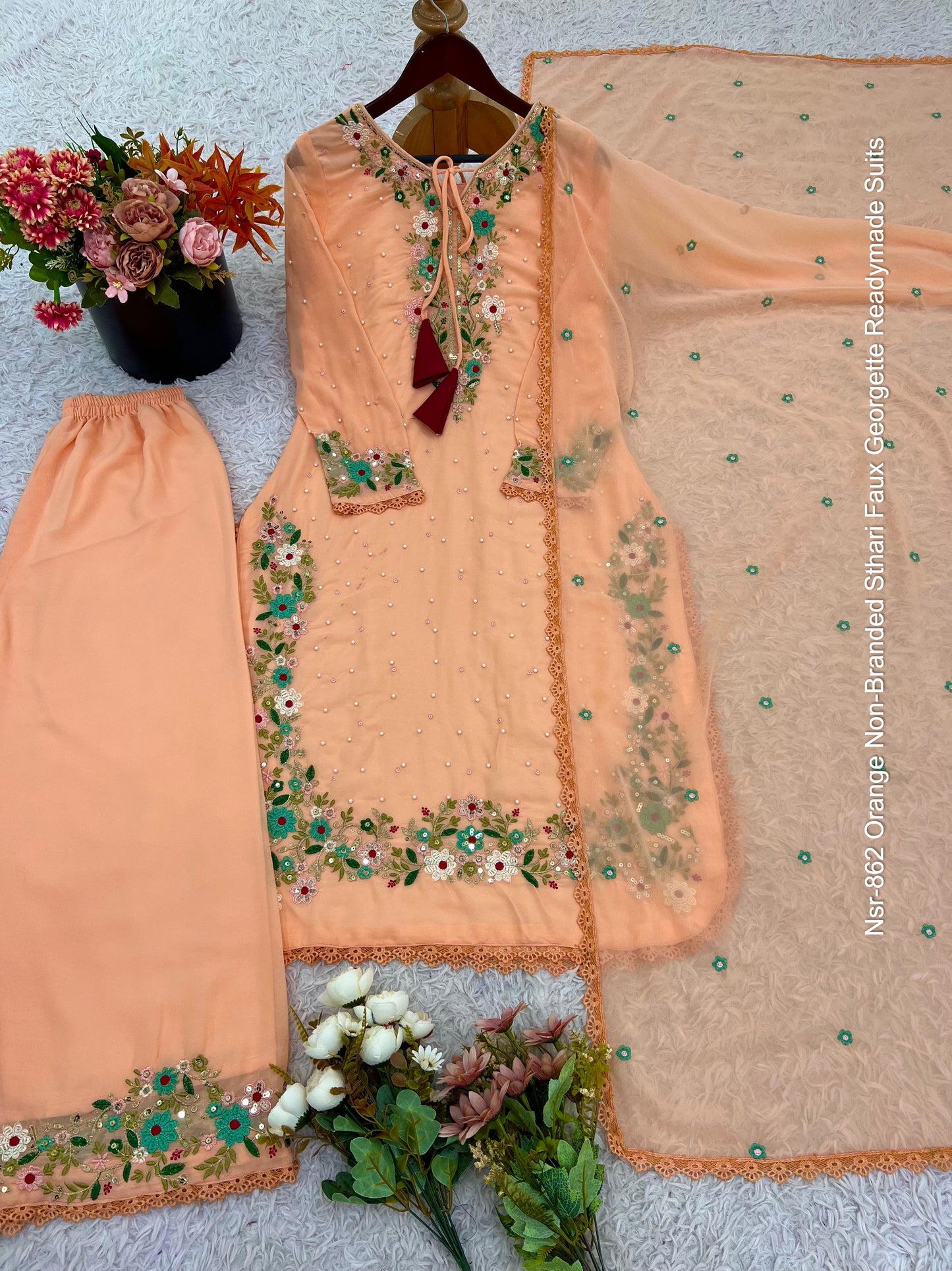 Nsr-862 Orange Non-Branded Sthari Faux Georgette Readymade Suits
