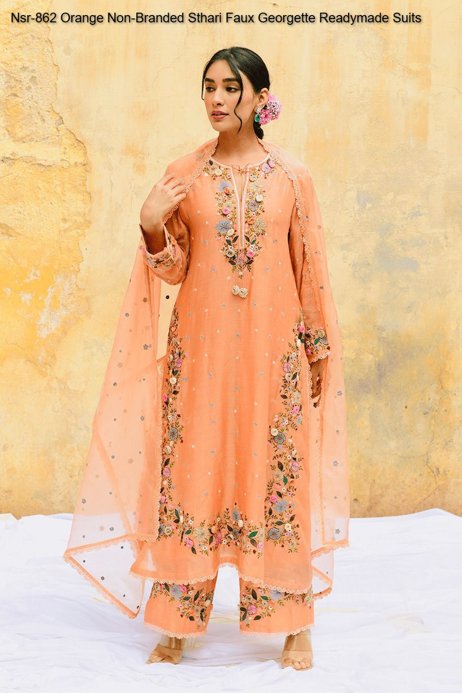Nsr-862 Orange Non-Branded Sthari Faux Georgette Readymade Suits