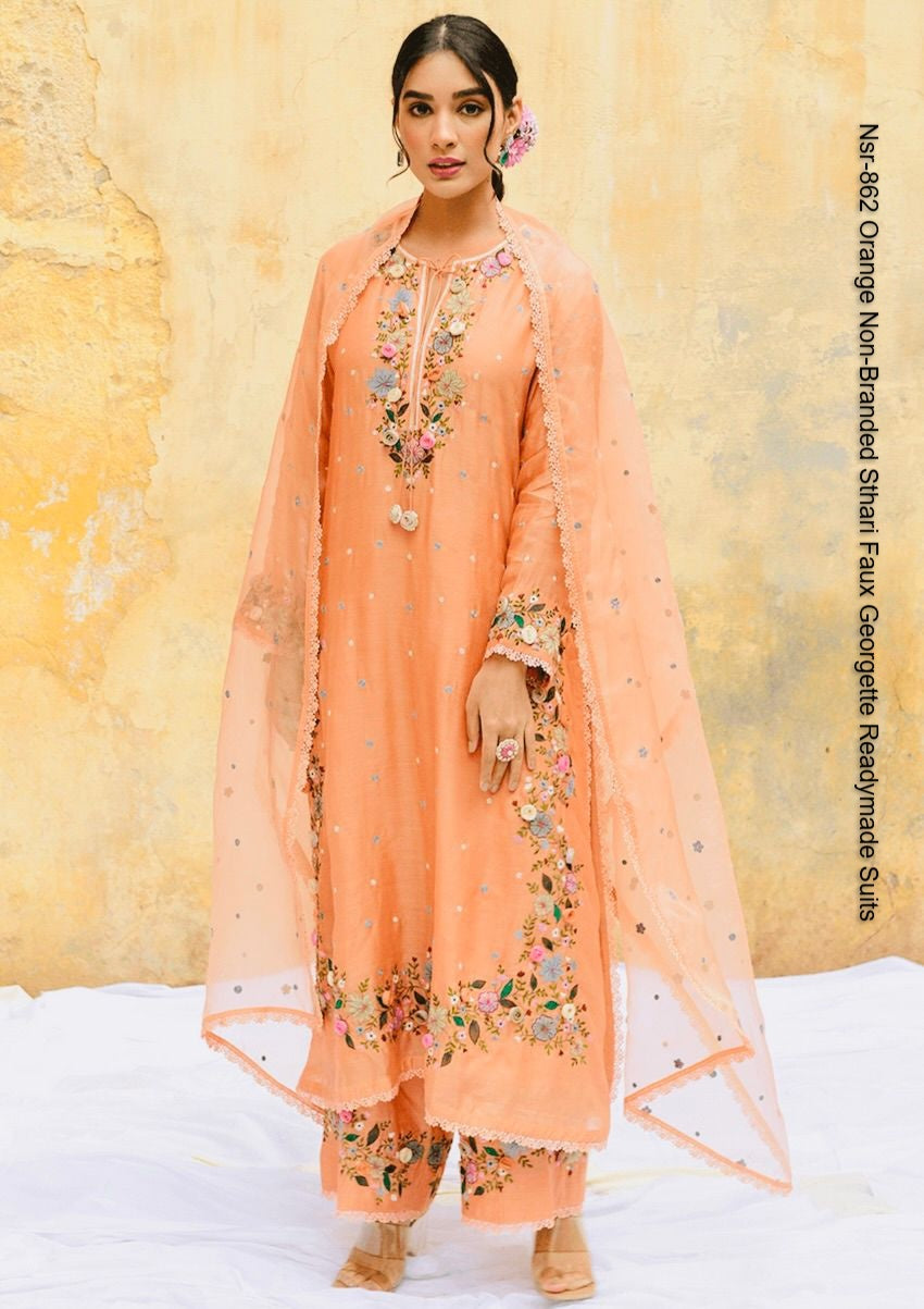 Nsr-862 Orange Non-Branded Sthari Faux Georgette Readymade Suits