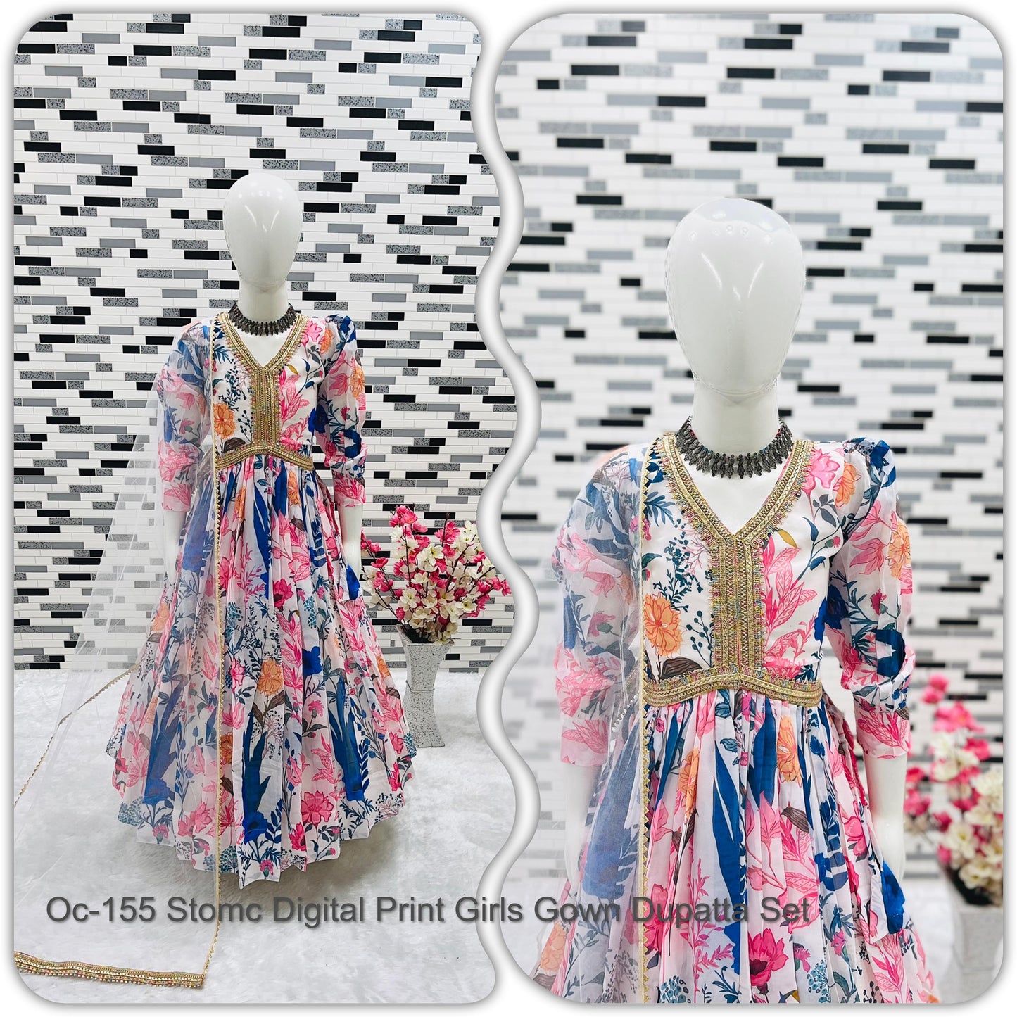 Oc-155 Stomc Digital Print Girls Gown Dupatta Set