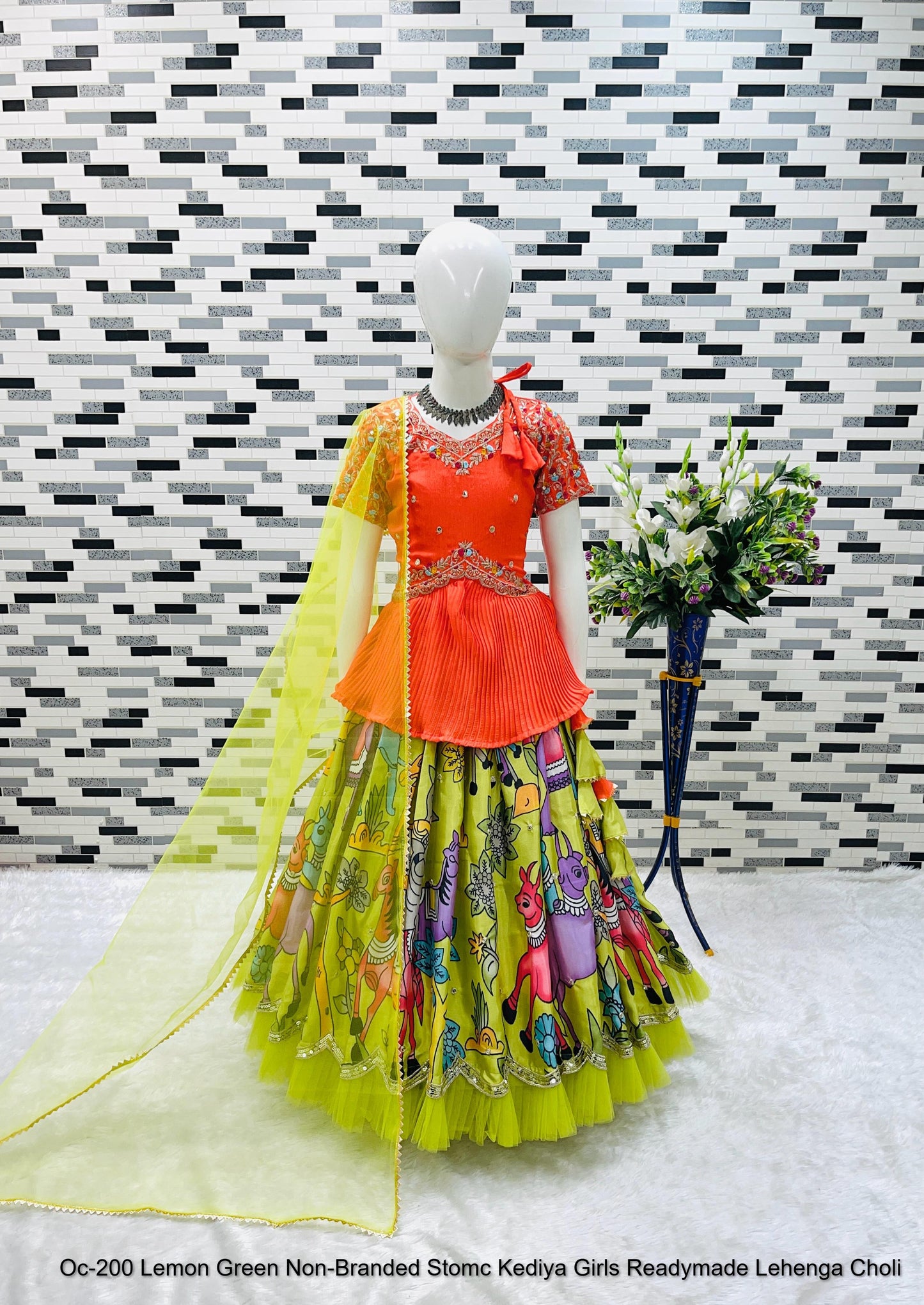 Oc-200 Lemon Green Non-Branded Stomc Kediya Girls Readymade Lehenga Choli