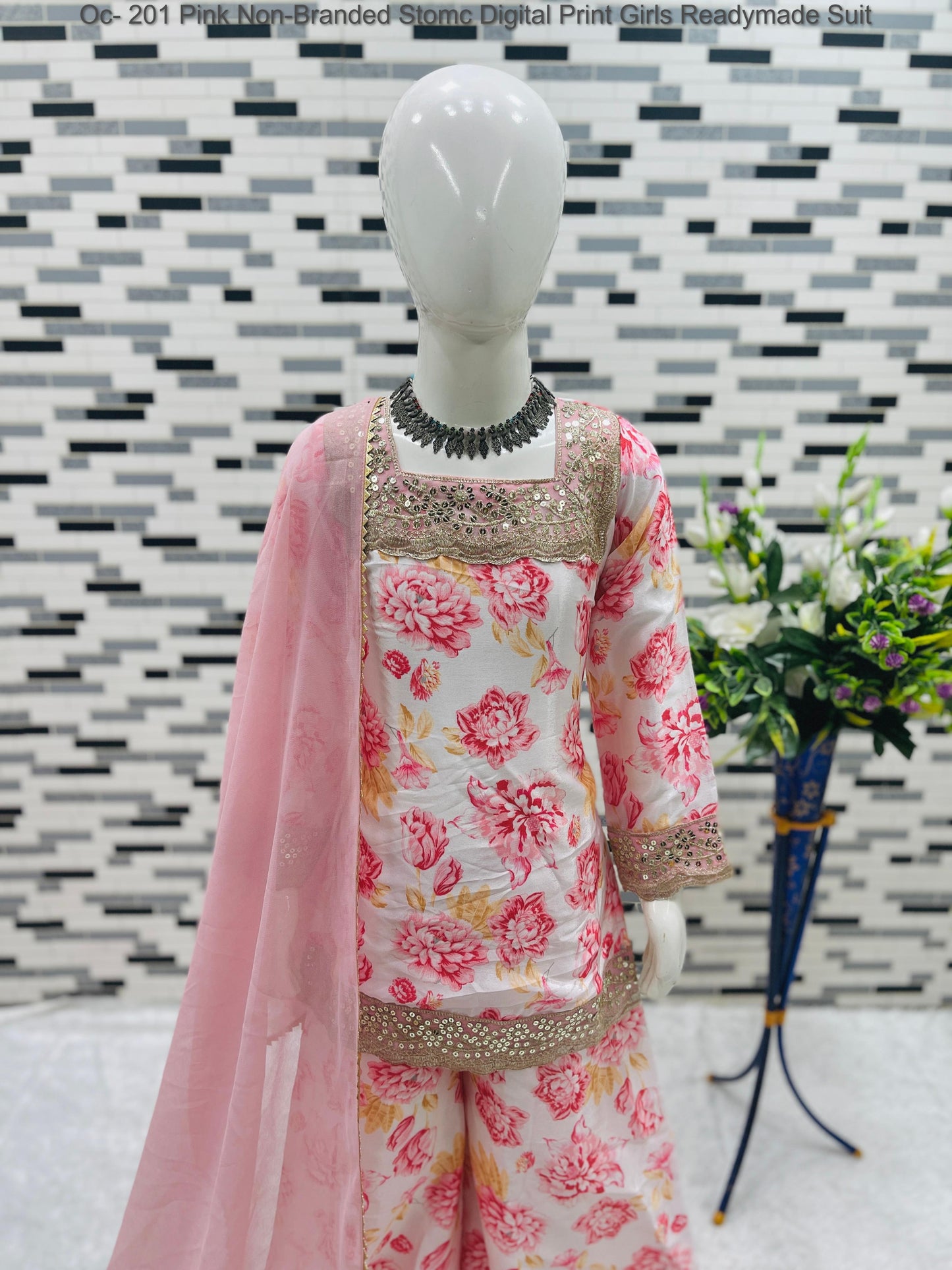 Oc- 201 Pink Non-Branded Stomc Digital Print Girls Readymade Suit