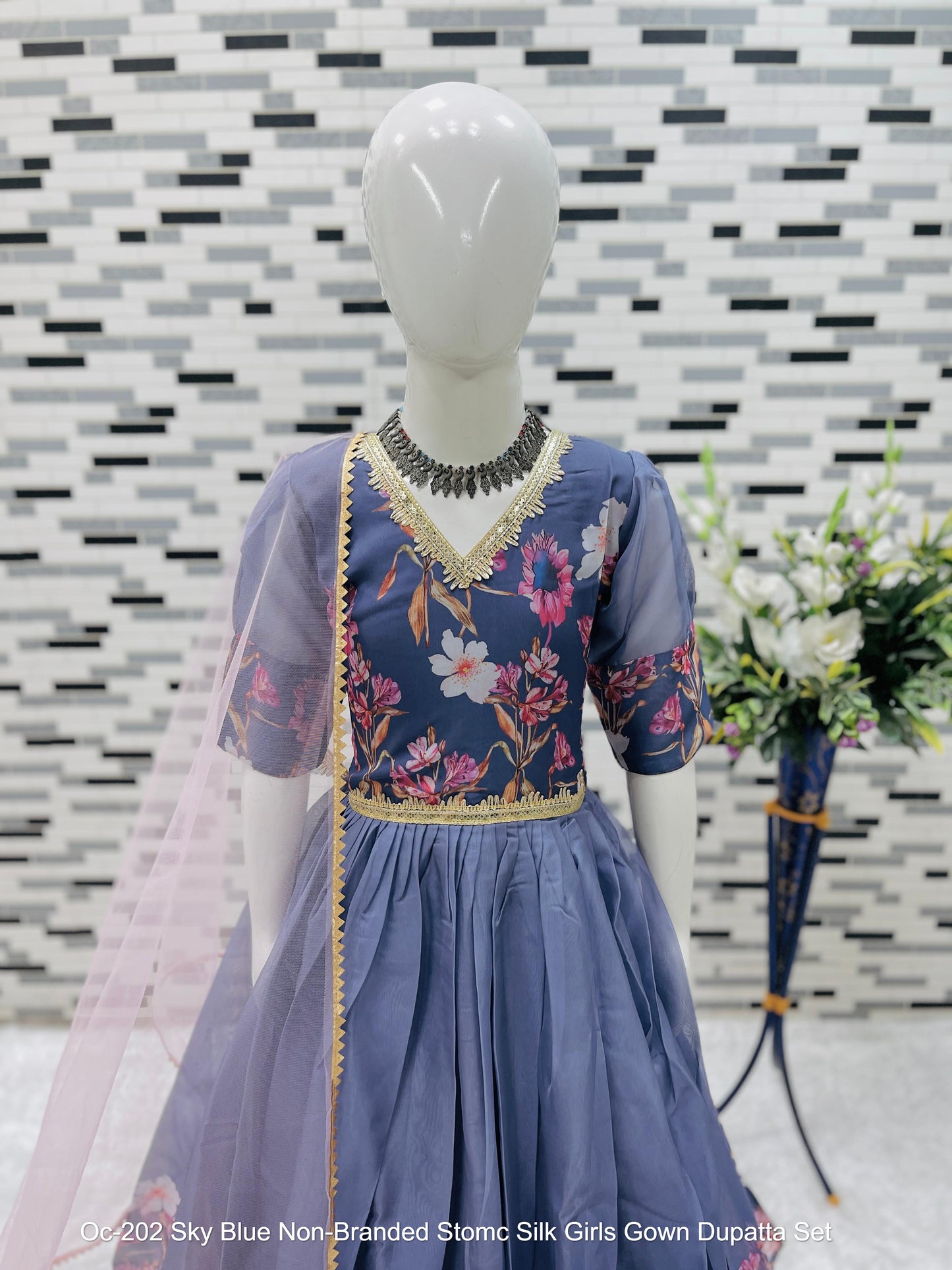 Oc-202 Sky Blue Non-Branded Stomc Silk Girls Gown Dupatta Set