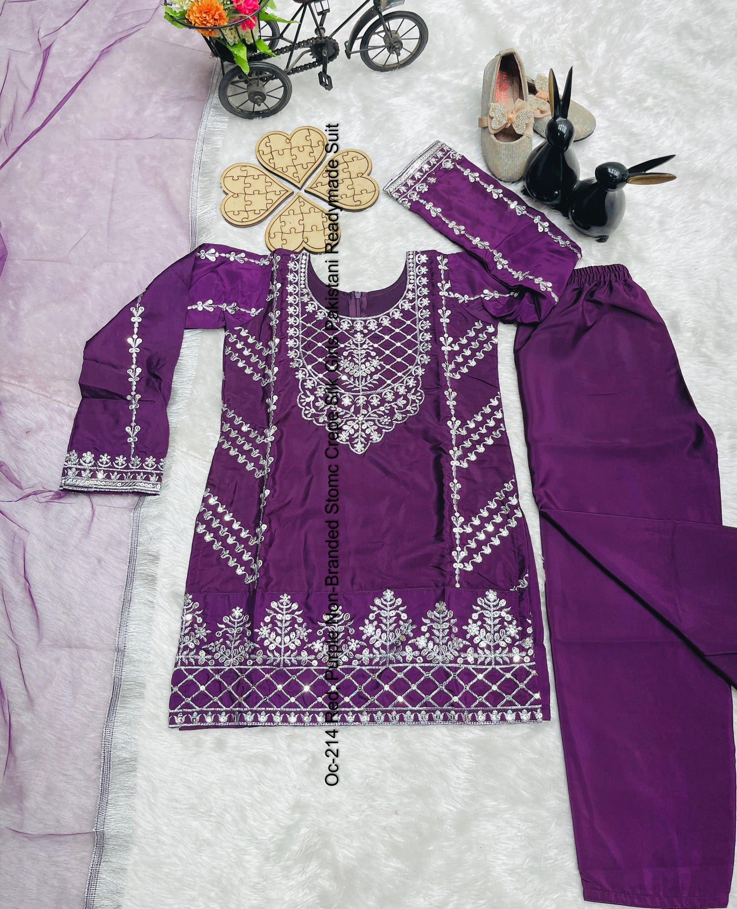 Oc-214 Red, Purple Non-Branded Stomc Crepe Silk Girls Pakistani Readymade Suit