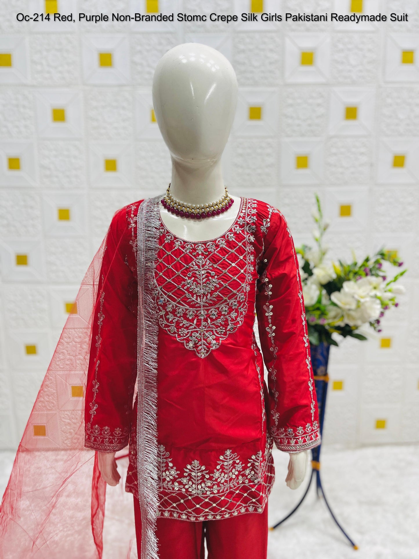 Oc-214 Red, Purple Non-Branded Stomc Crepe Silk Girls Pakistani Readymade Suit