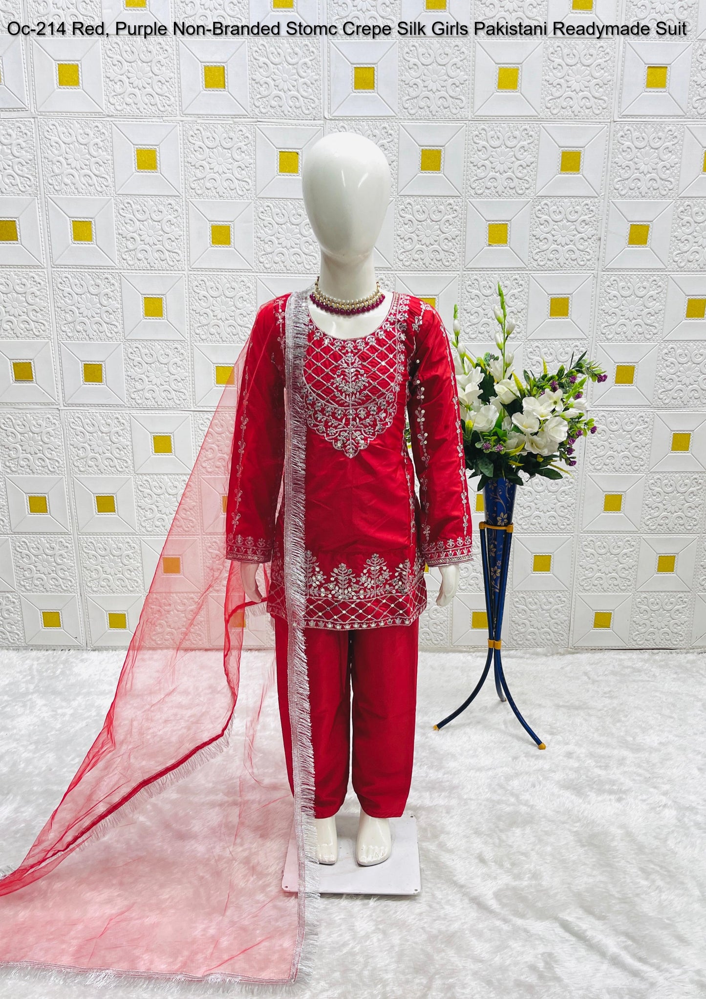 Oc-214 Red, Purple Non-Branded Stomc Crepe Silk Girls Pakistani Readymade Suit