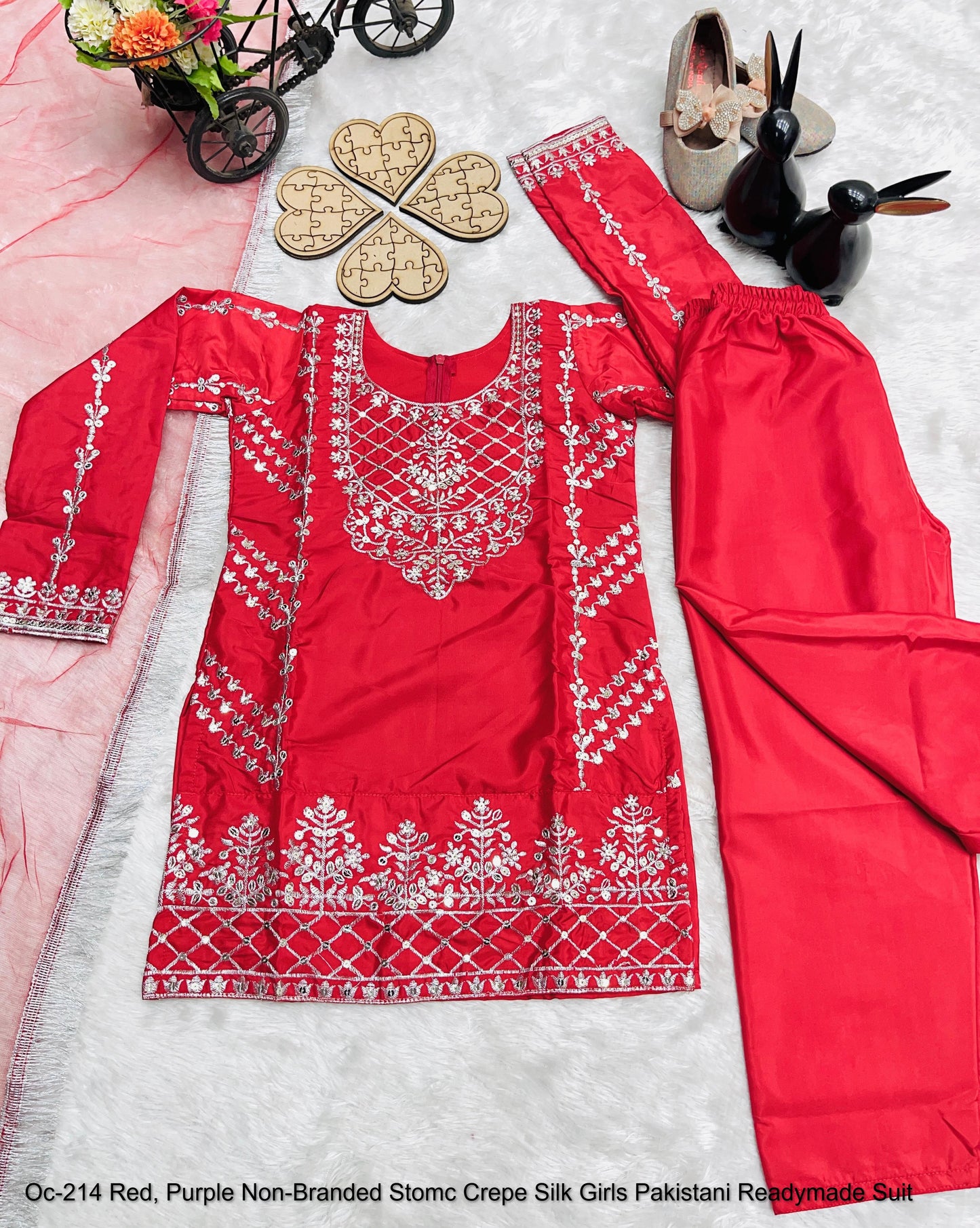 Oc-214 Red, Purple Non-Branded Stomc Crepe Silk Girls Pakistani Readymade Suit
