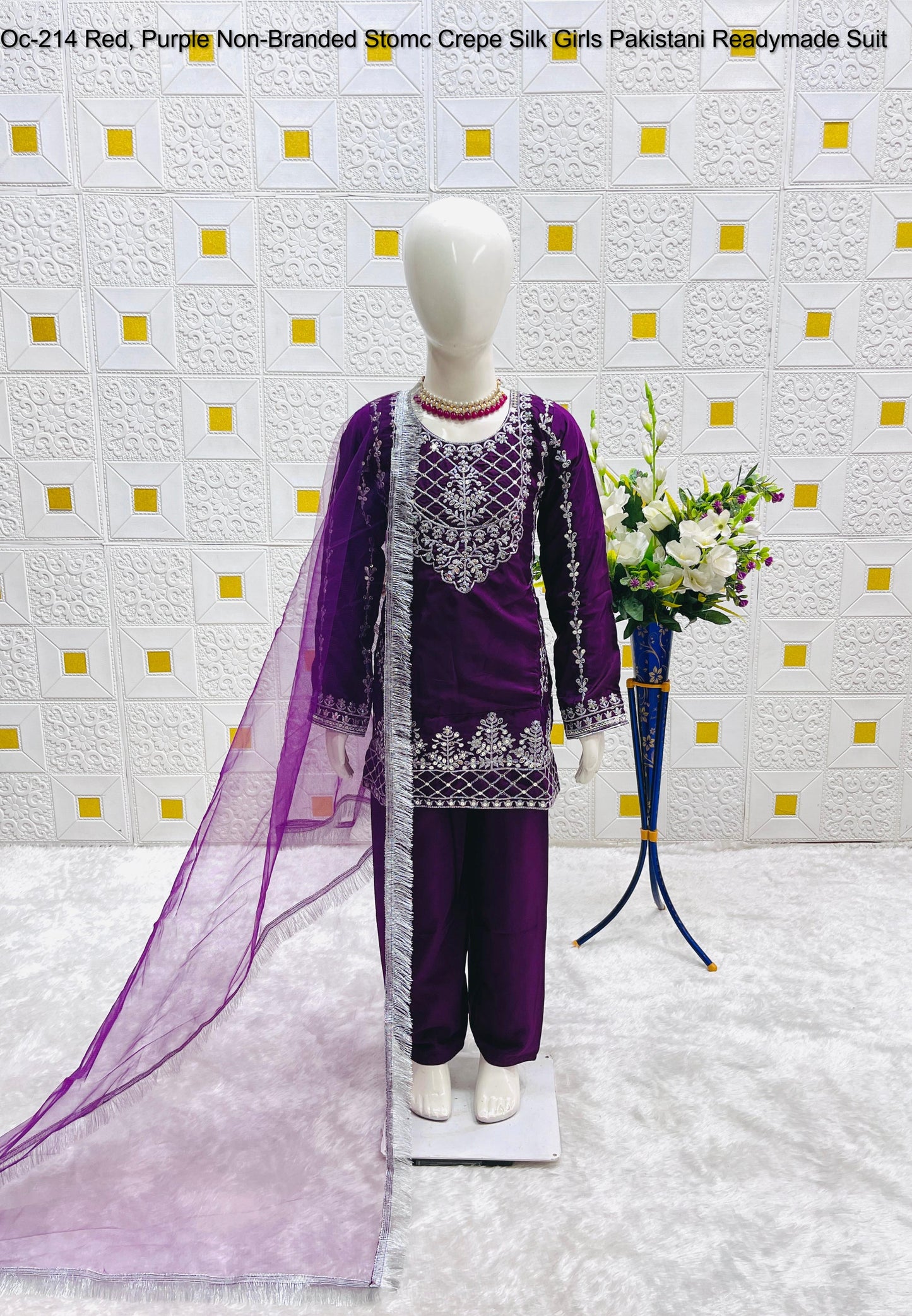 Oc-214 Red, Purple Non-Branded Stomc Crepe Silk Girls Pakistani Readymade Suit