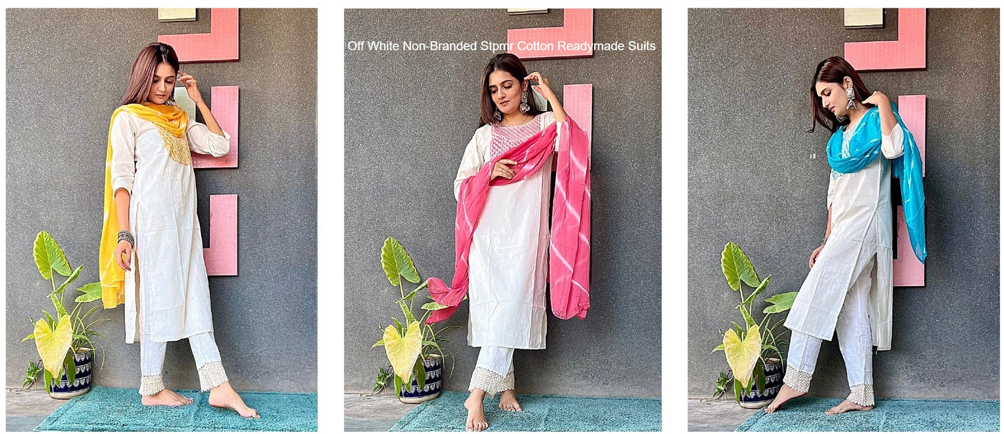 Off White Non-Branded Stpmr Cotton Readymade Suits