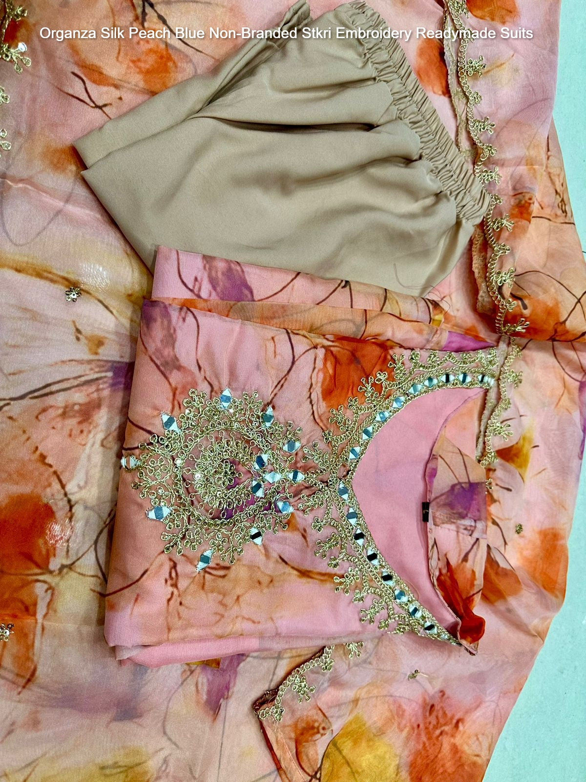 Organza Silk Peach Blue Non-Branded Stkri Embroidery Readymade Suits