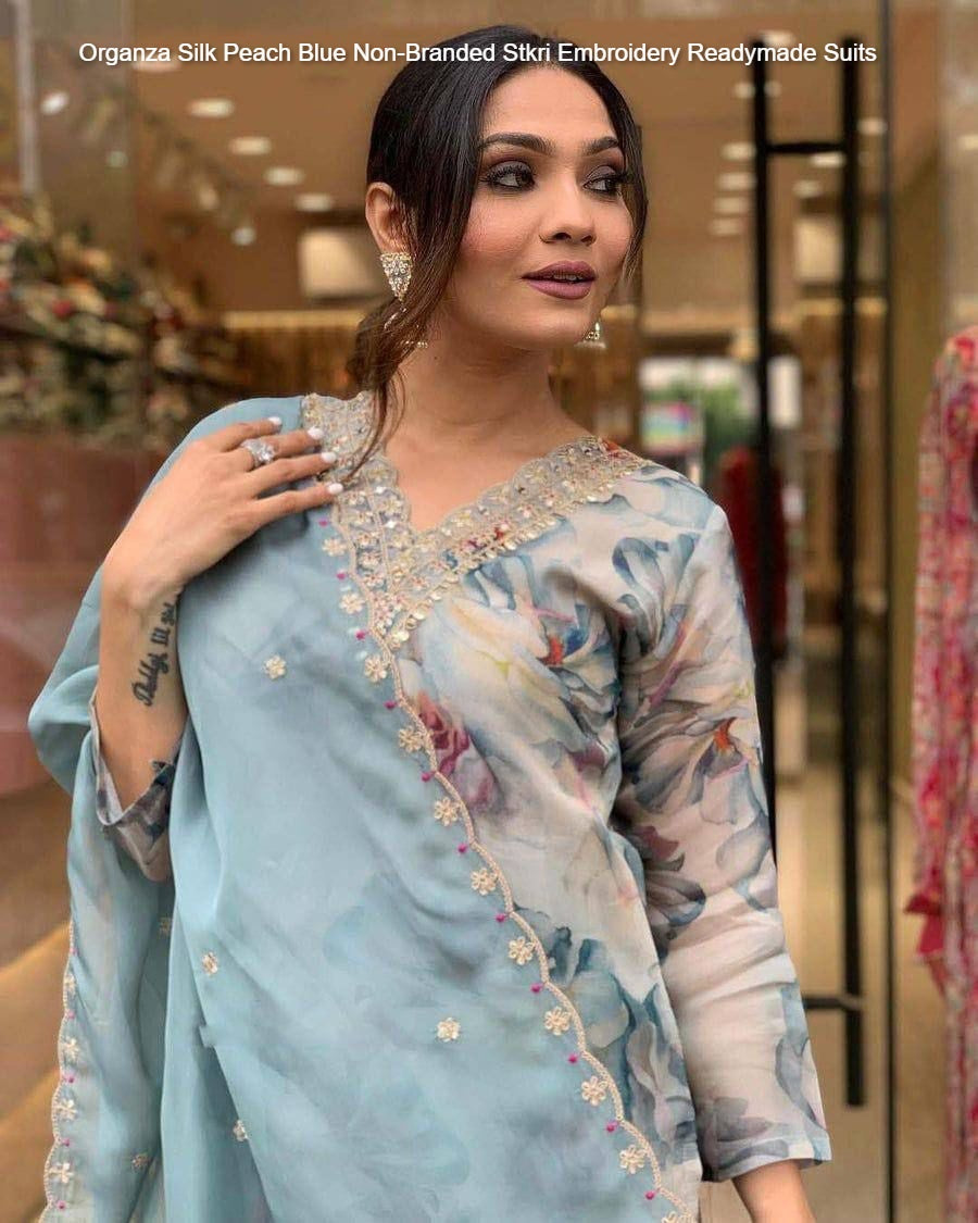 Organza Silk Peach Blue Non-Branded Stkri Embroidery Readymade Suits