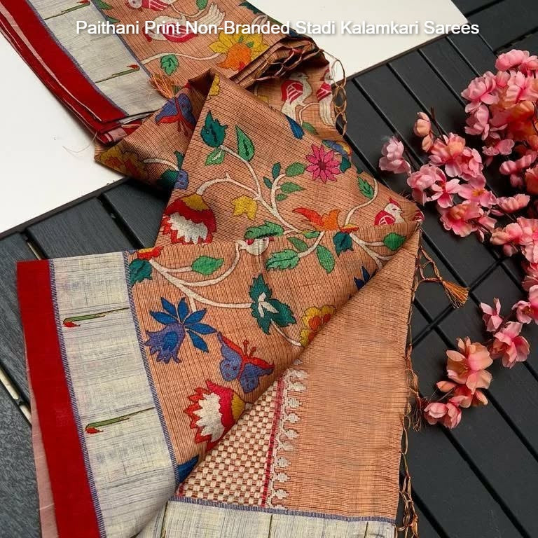 Paithani Print Non-Branded Stadi Kalamkari Sarees