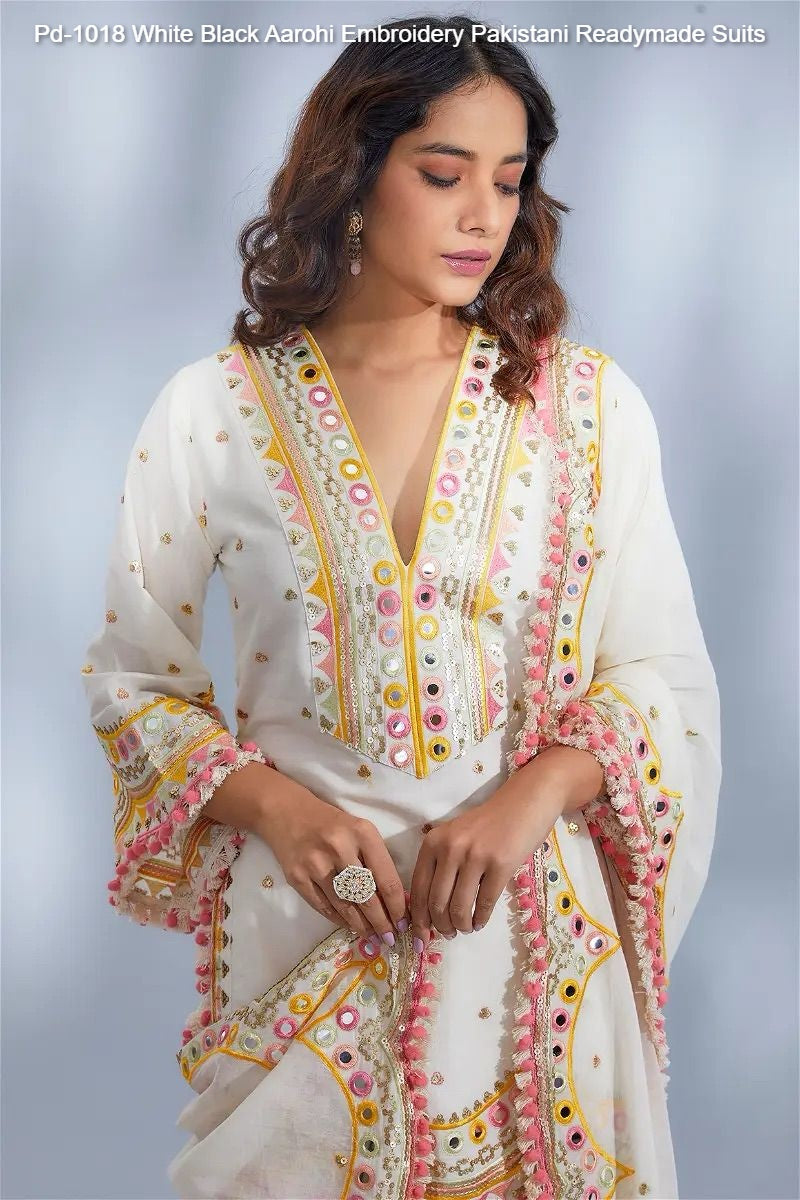 Pd-1018 White Black Aarohi Embroidery Pakistani Readymade Suits