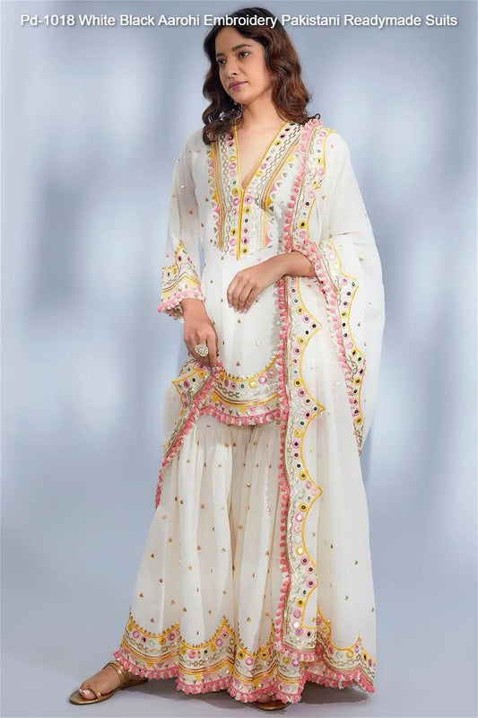 Pd-1018 White Black Aarohi Embroidery Pakistani Readymade Suits
