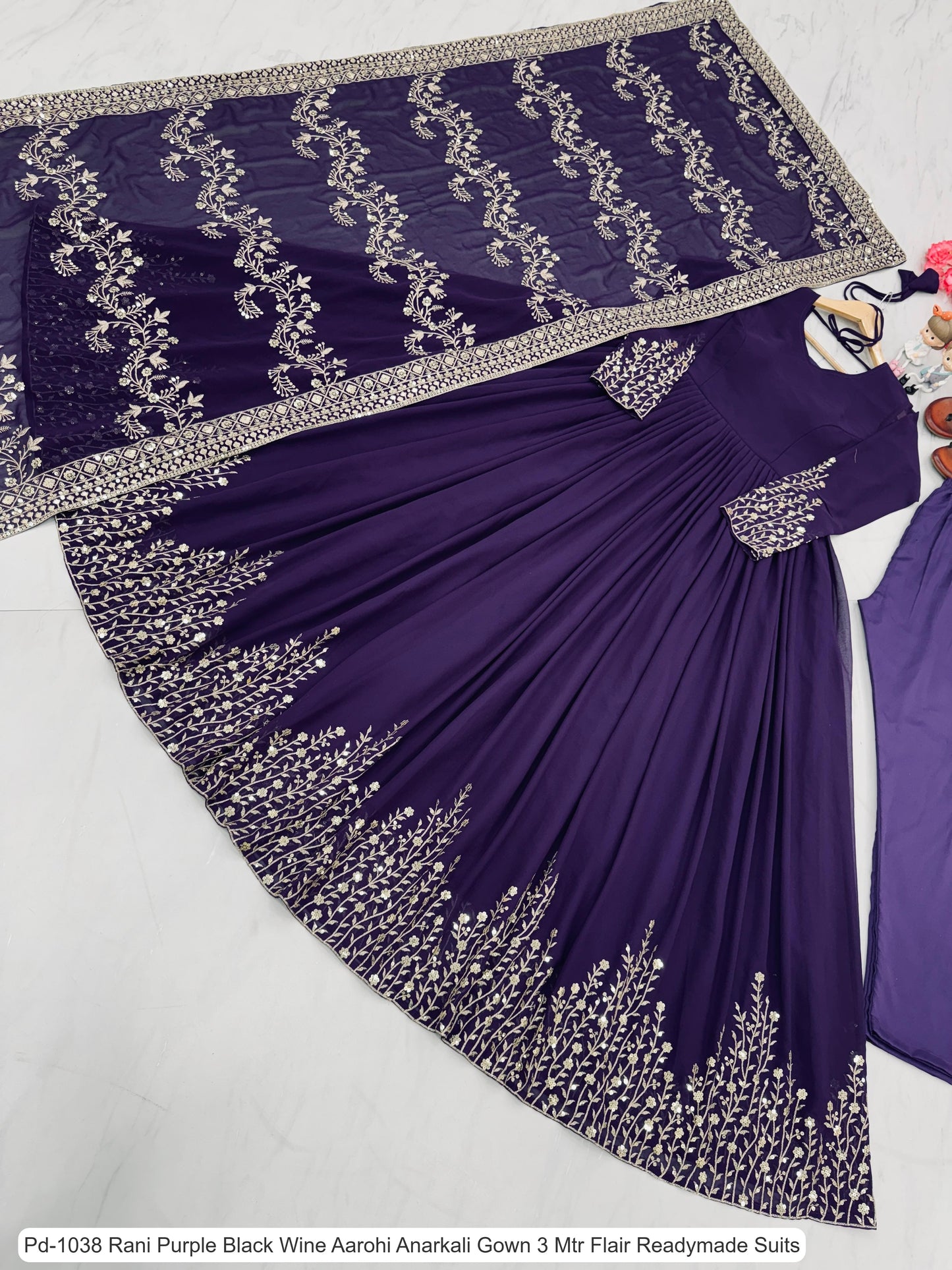 Pd-1038 Rani Purple Black Wine Aarohi Anarkali Gown 3 Mtr Flair Readymade Suits