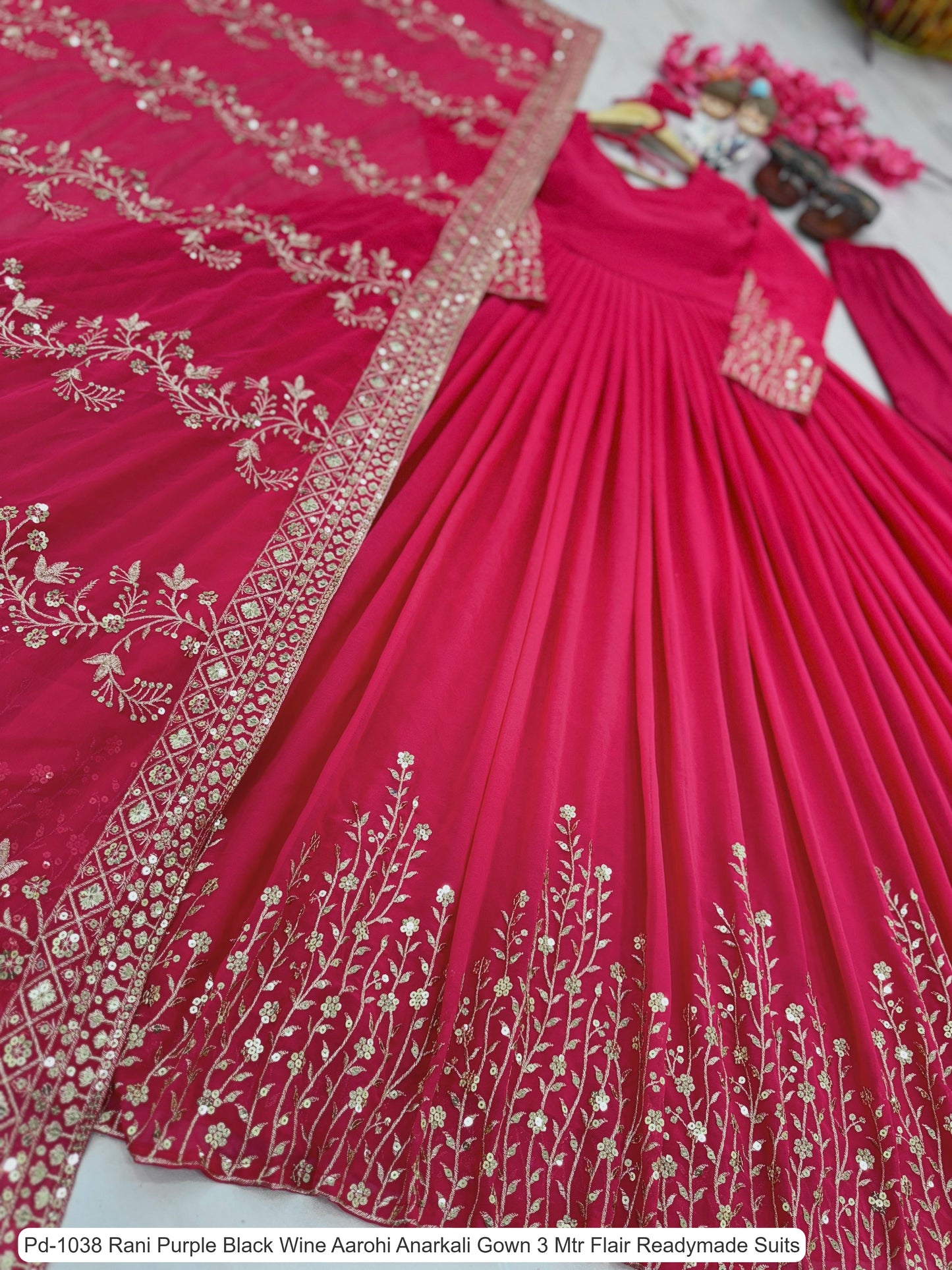 Pd-1038 Rani Purple Black Wine Aarohi Anarkali Gown 3 Mtr Flair Readymade Suits