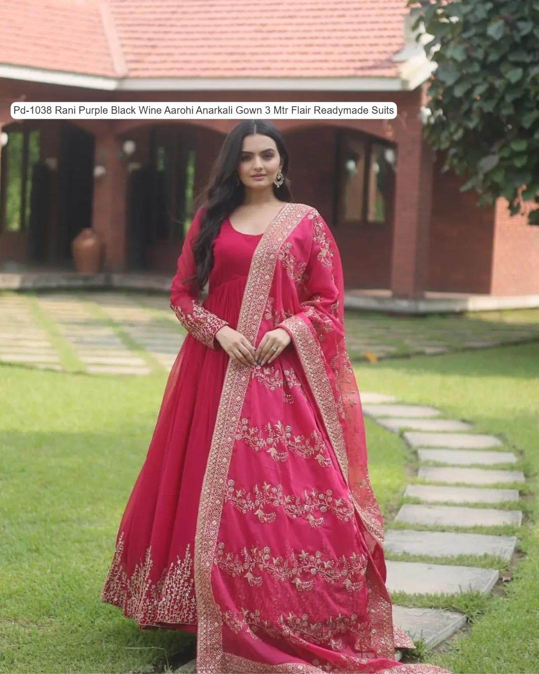 Pd-1038 Rani Purple Black Wine Aarohi Anarkali Gown 3 Mtr Flair Readymade Suits